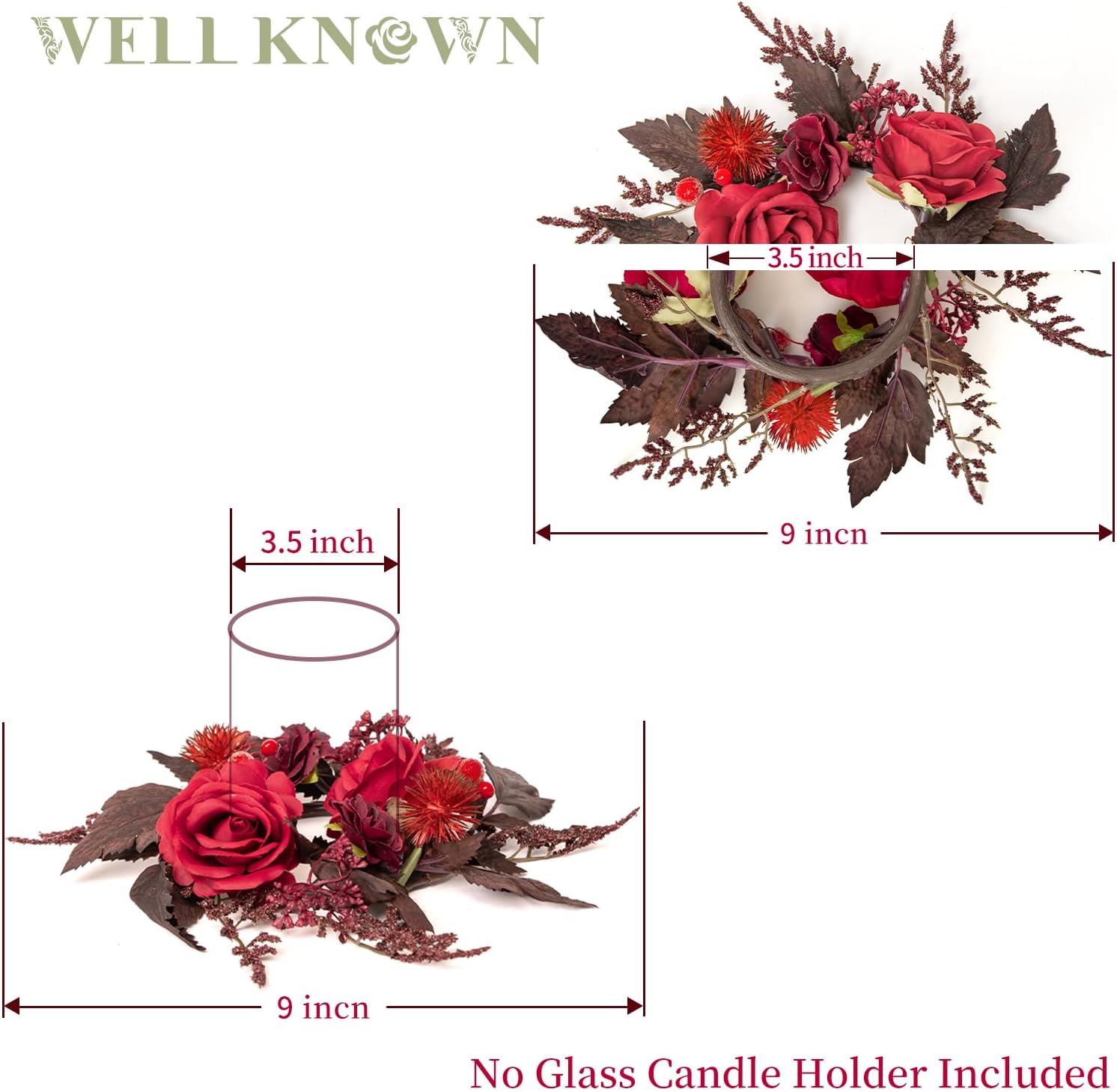 Detalle 1 de WELL KNOWN Artificial Flower Candle Rings, 9-Inch