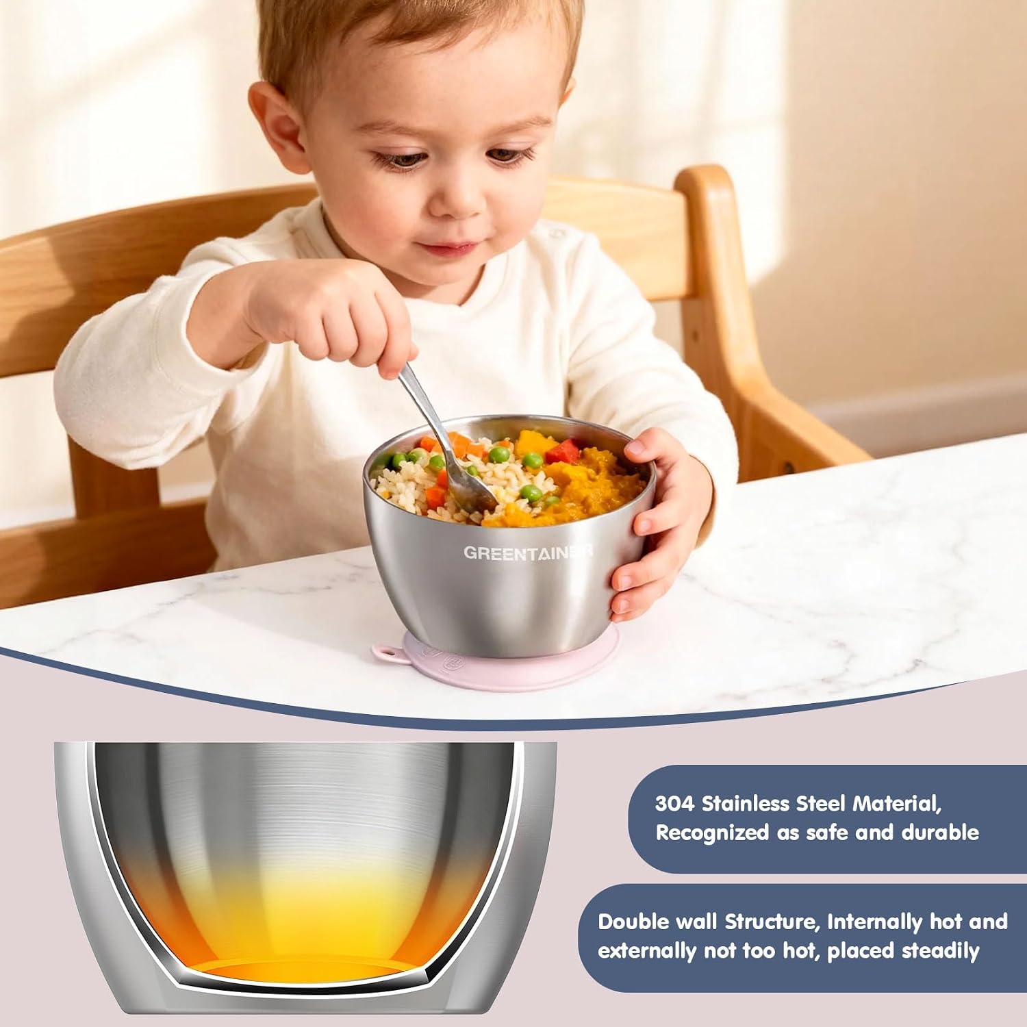 Detalle de Greentainer T0801-MIX Stainless Steel Baby Bowls with Silicone Suction Bases