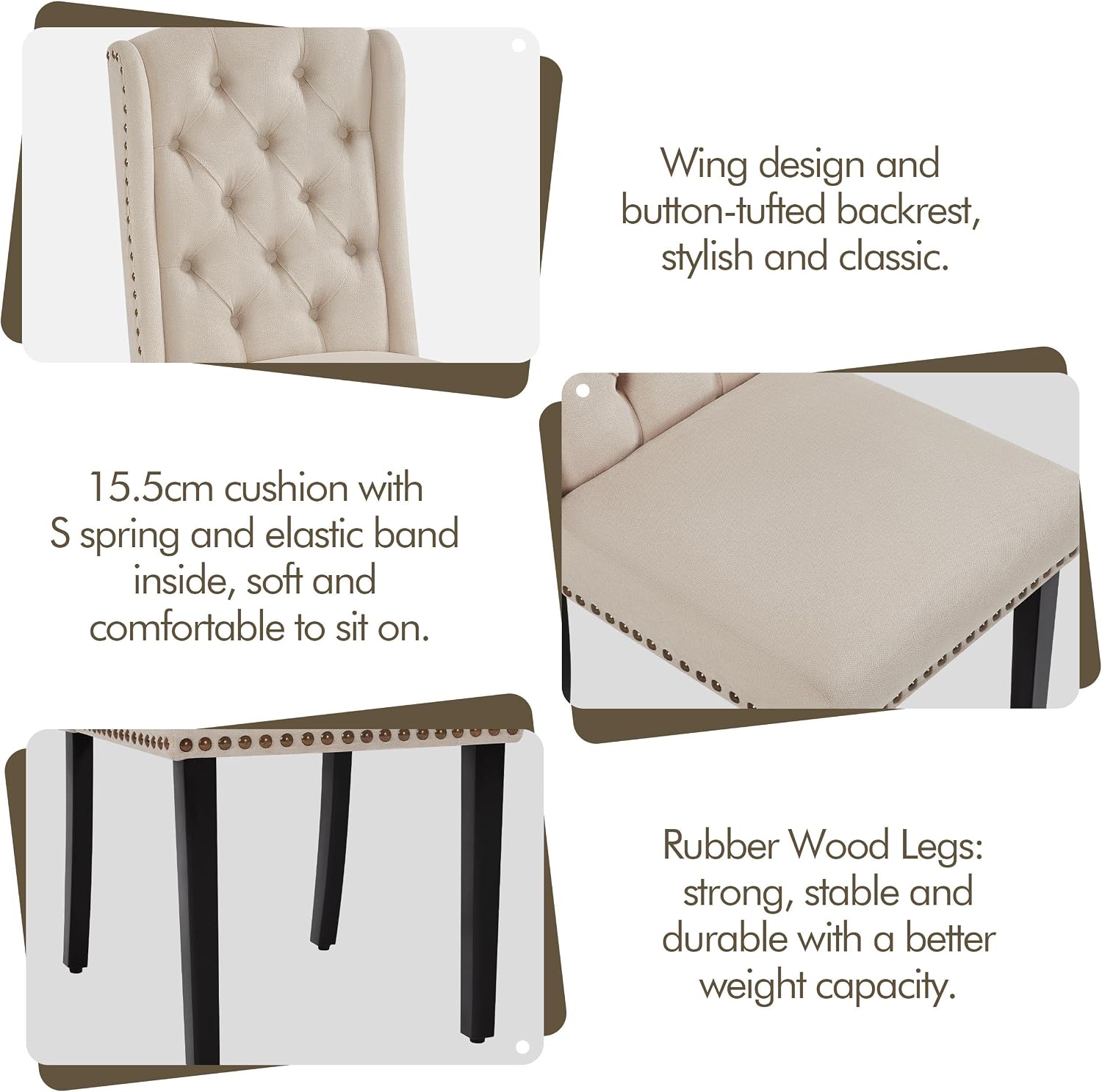 Thumbnail 4 de Yaheetech Upholstered Button Tufted Dining Room Chairs (Set of 2) with Nailhead Trims and Solid Legs, Beige