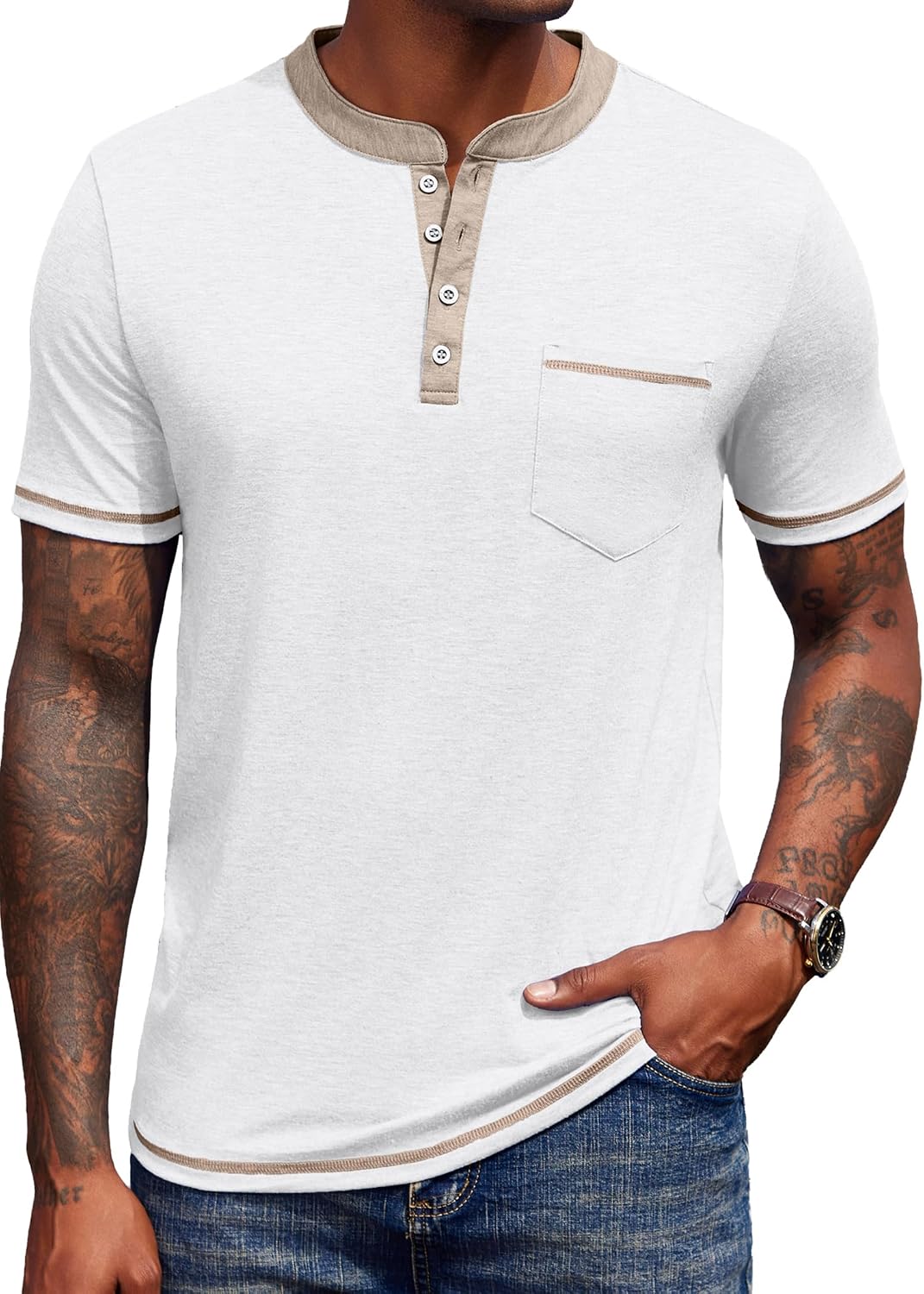 Detalle de COOFANDY Chemise Henley à Manches Courtes pour Homme avec Poche – T-shirt estival décontracté