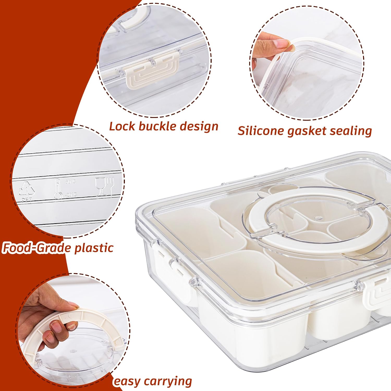 Detalle de Dingerjar Divided Snack Tray with Lid and Handle: Portable Snackle Box for Party Platter Organization