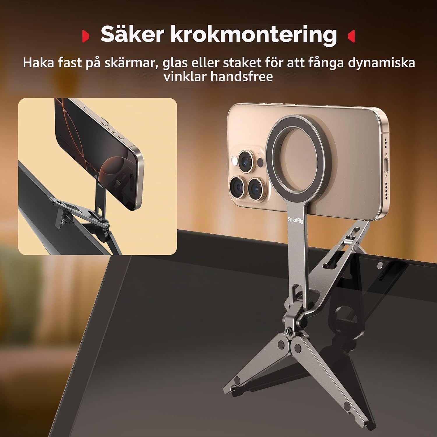 Detalle de SMALLRIG 5649 (13021-ac) mobilstativ med dubbelfäste och 270° lutning