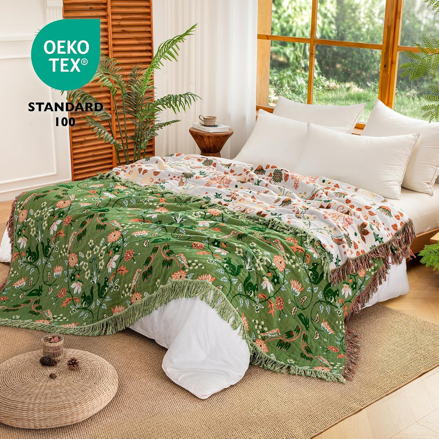 Detalle de Dormilin EU-HA-SZLST-LYXZ-200230 – narzuta boho 200 × 230 cm, dwustronny muślin z frędzlami