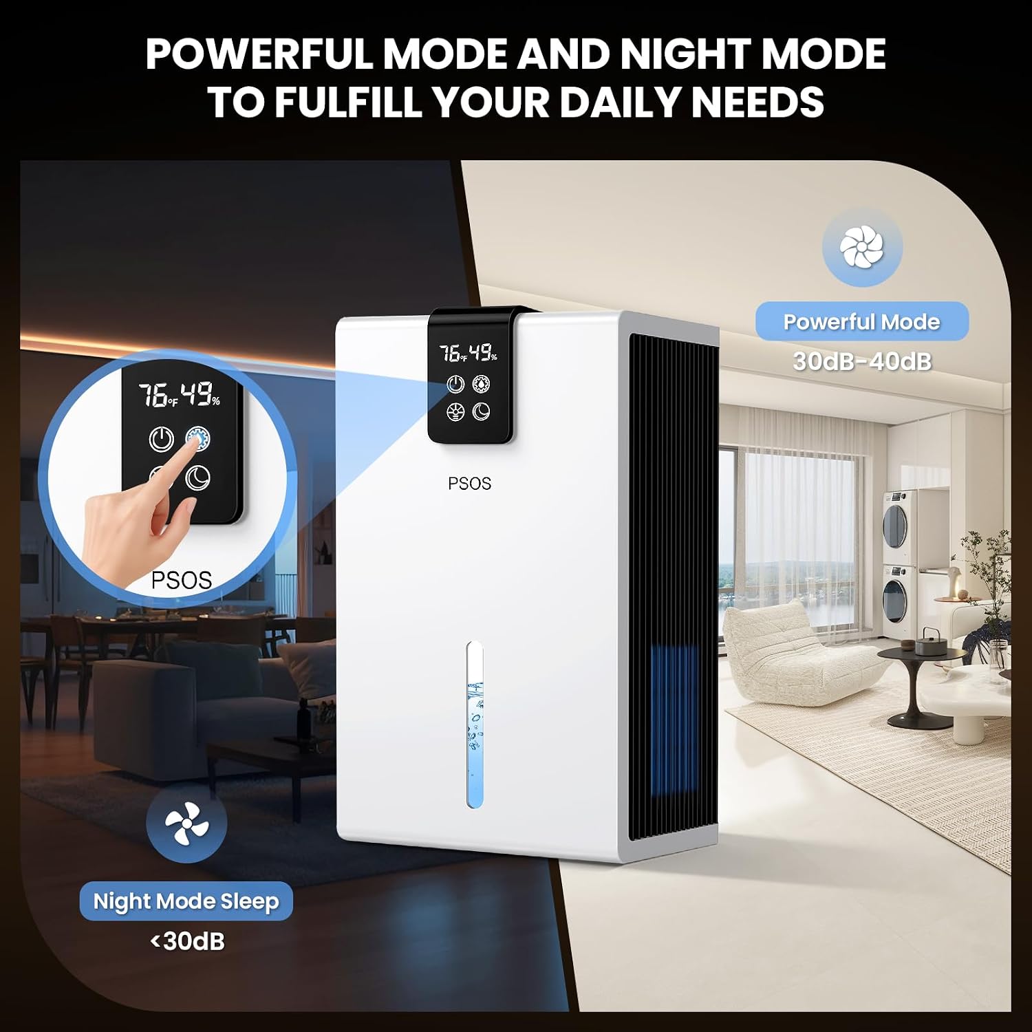 Thumbnail 6 de PSOS PS-White Dehumidifier, 98-fl-oz Tank, Humidity Display and Sleep Mode