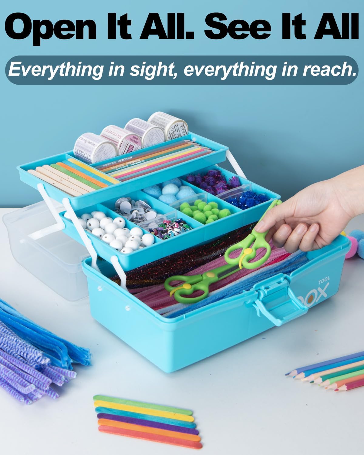 Detalle de TERGOO 3 trays box 12-Inch 3-Layer Organizer with Adjustable Dividers, Blue