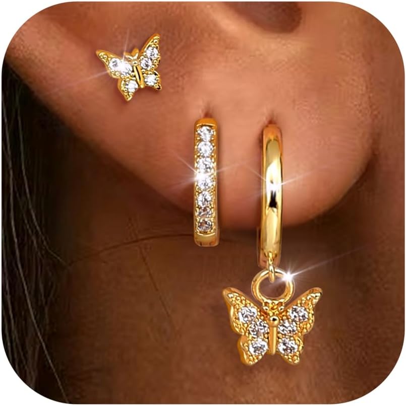 Thumbnail 6 de Dochais 3 Paar Ohrringe Gold Set – 14K vergoldete Ohrstecker & Creolen mit Anhänger