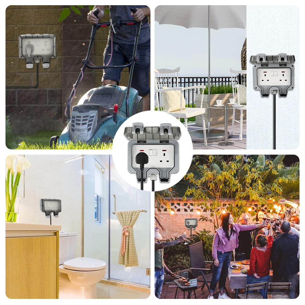 Thumbnail 6 de Waterproof Outdoor Sockets with 10m Extension Cord – IP66 Weatherproof Double Plug, External Wall 2 Gang Storm Switched Socket