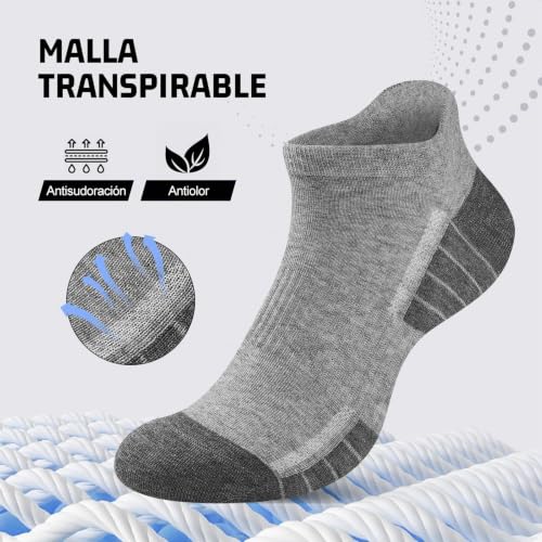 Detalle de Effeeet: 10 pares de calcetines tobilleros de algodón transpirables para hombre y mujer (gris, 43–46)