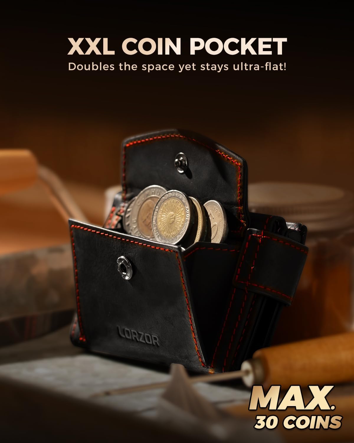 Thumbnail 1 de LORZOR Card Holder Magnetic Closure with XXL Coin Pocket: Slim, RFID‑Protected Leather Wallet