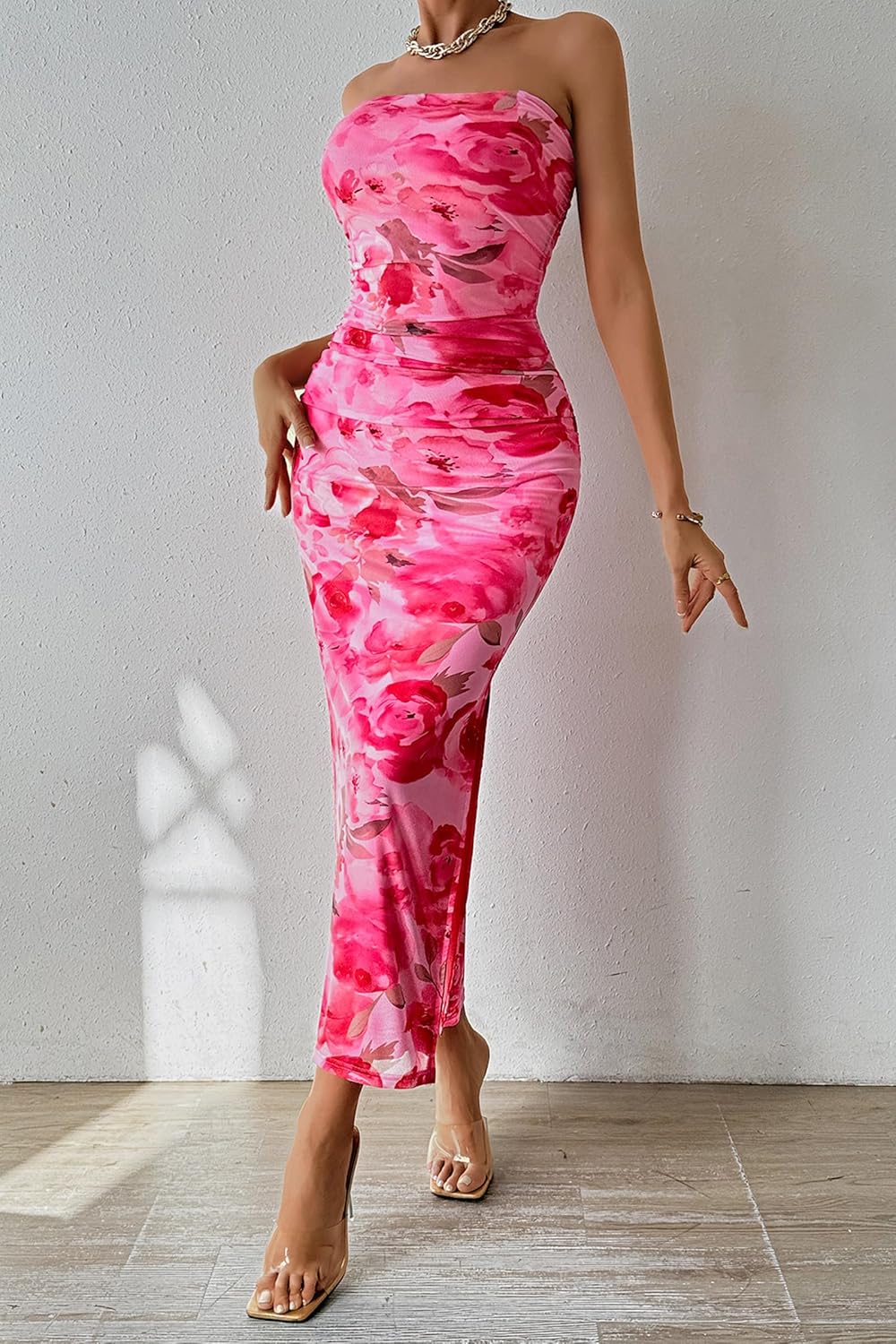 Thumbnail 4 de PRETTYGARDEN Women's Summer Wedding Guest Dress: Strapless Maxi Bodycon with Floral Mesh