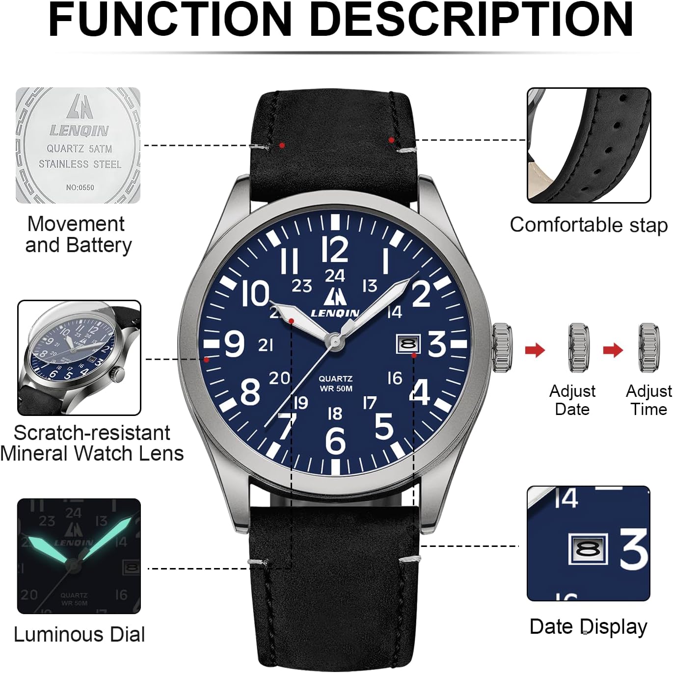 Thumbnail 5 de LN LENQIN Herren Militär-Uhr mit Analog-Quarz, Datumsanzeige & 30M Wasserdichtheit