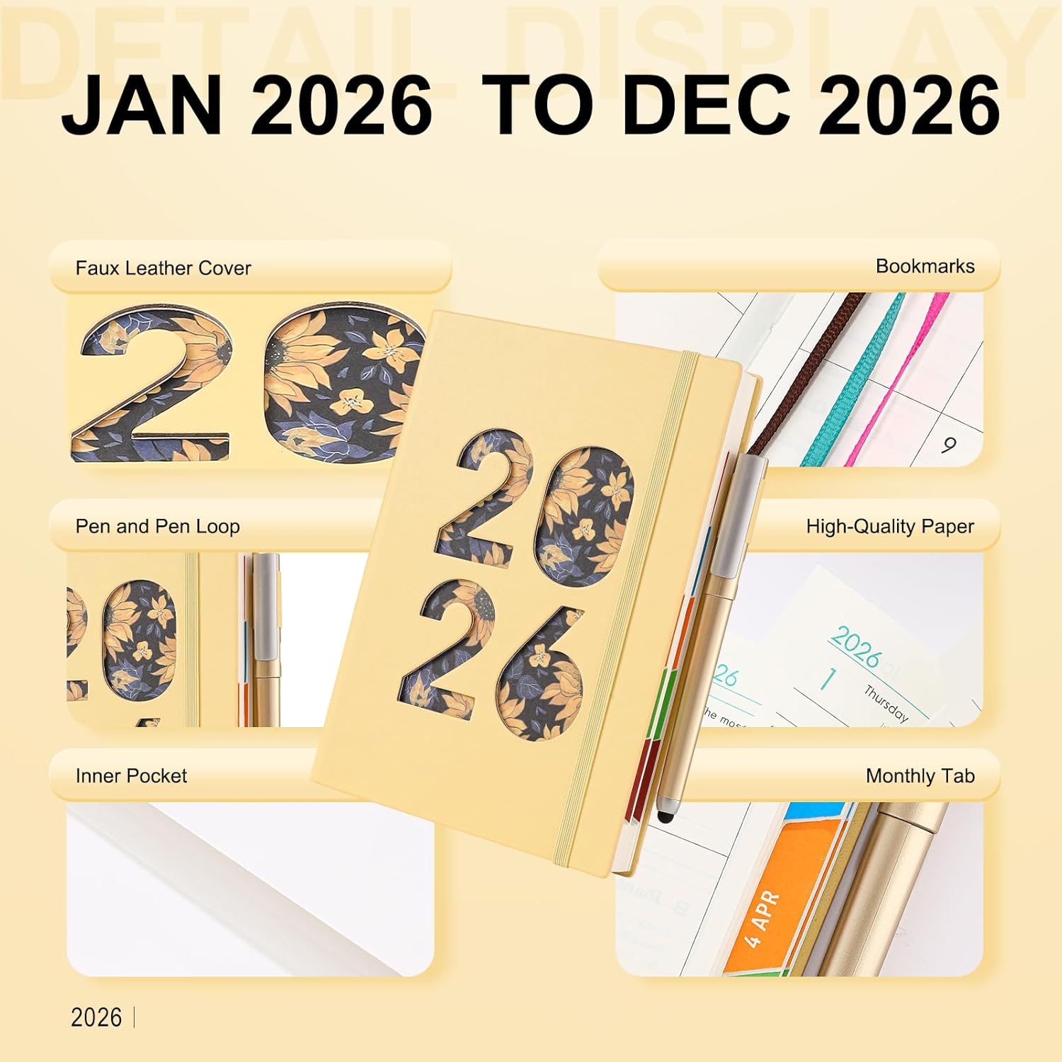 Detalle de 2026 A5 Day-per-Page Diary (Jan–Dec 2026) with Pen Loop, Monthly Tabs and Inner Pocket