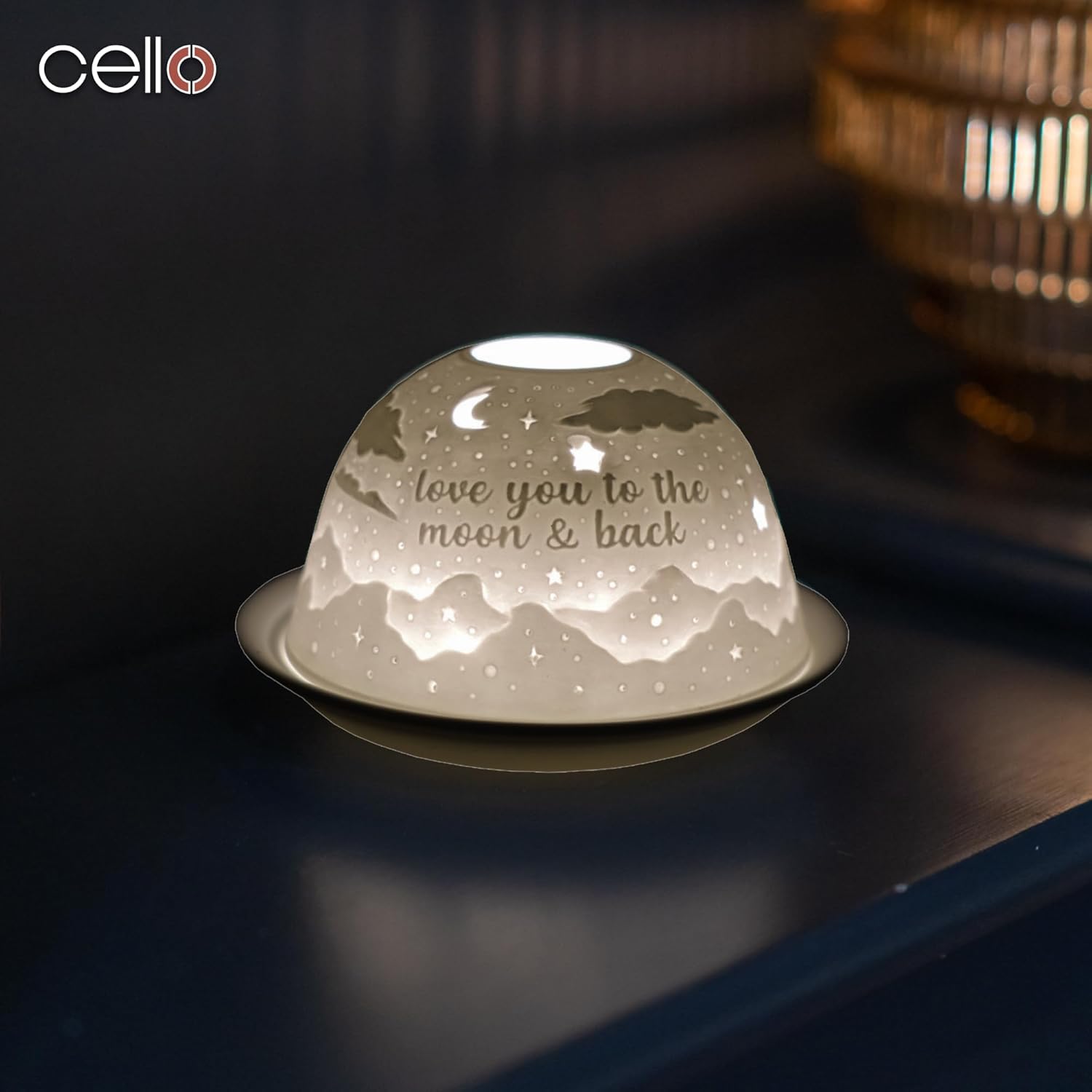 Thumbnail 5 de Cello Porcelain Tealight Holder Dome – “Love You To The Moon And Back” 3D Projection LED or Tealight