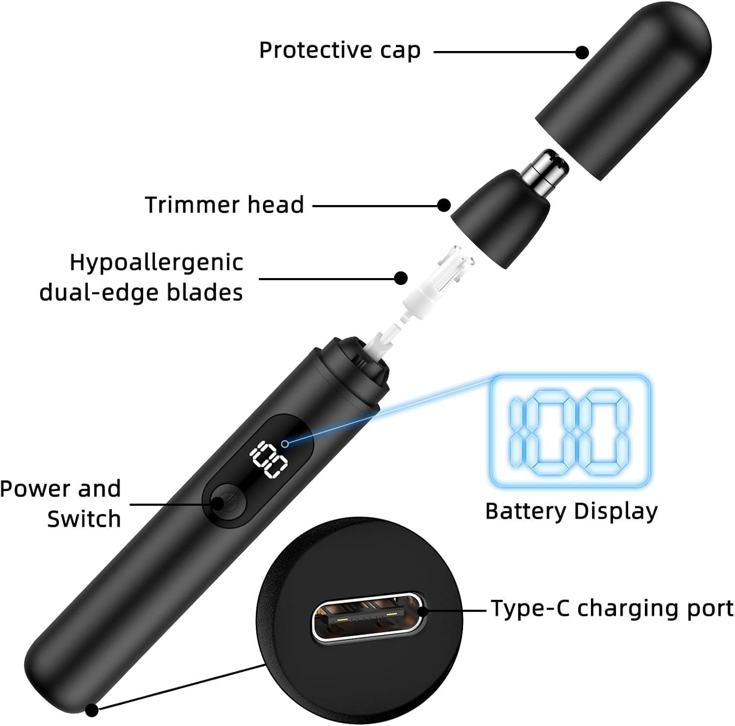 Thumbnail 4 de Nose Hair Trimmer – Rechargeable cordless nose and eyebrow trimming tool with LED light and dual-edge blades