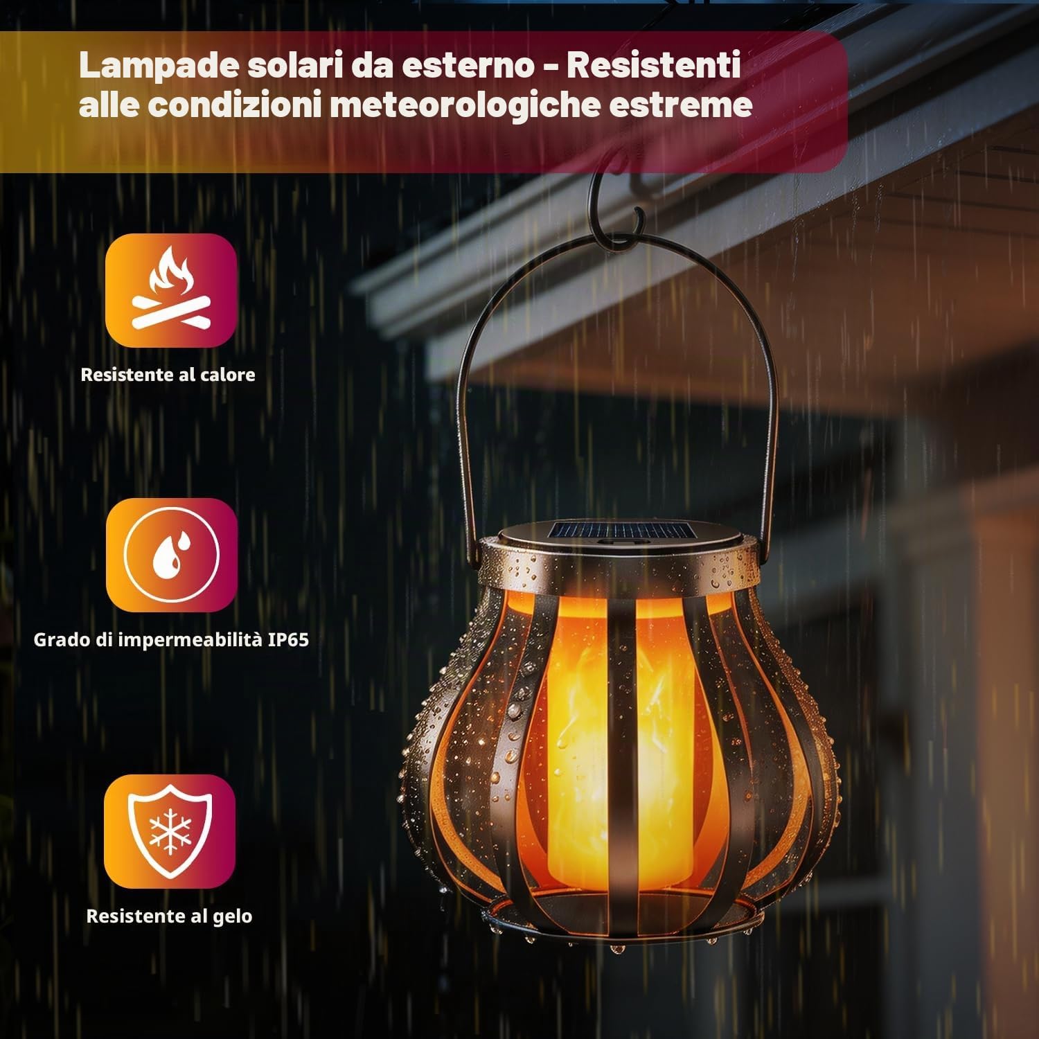 Detalle de 2 lanterne solari con effetto fiamma reale per esterni IP65 – senza gancio e base