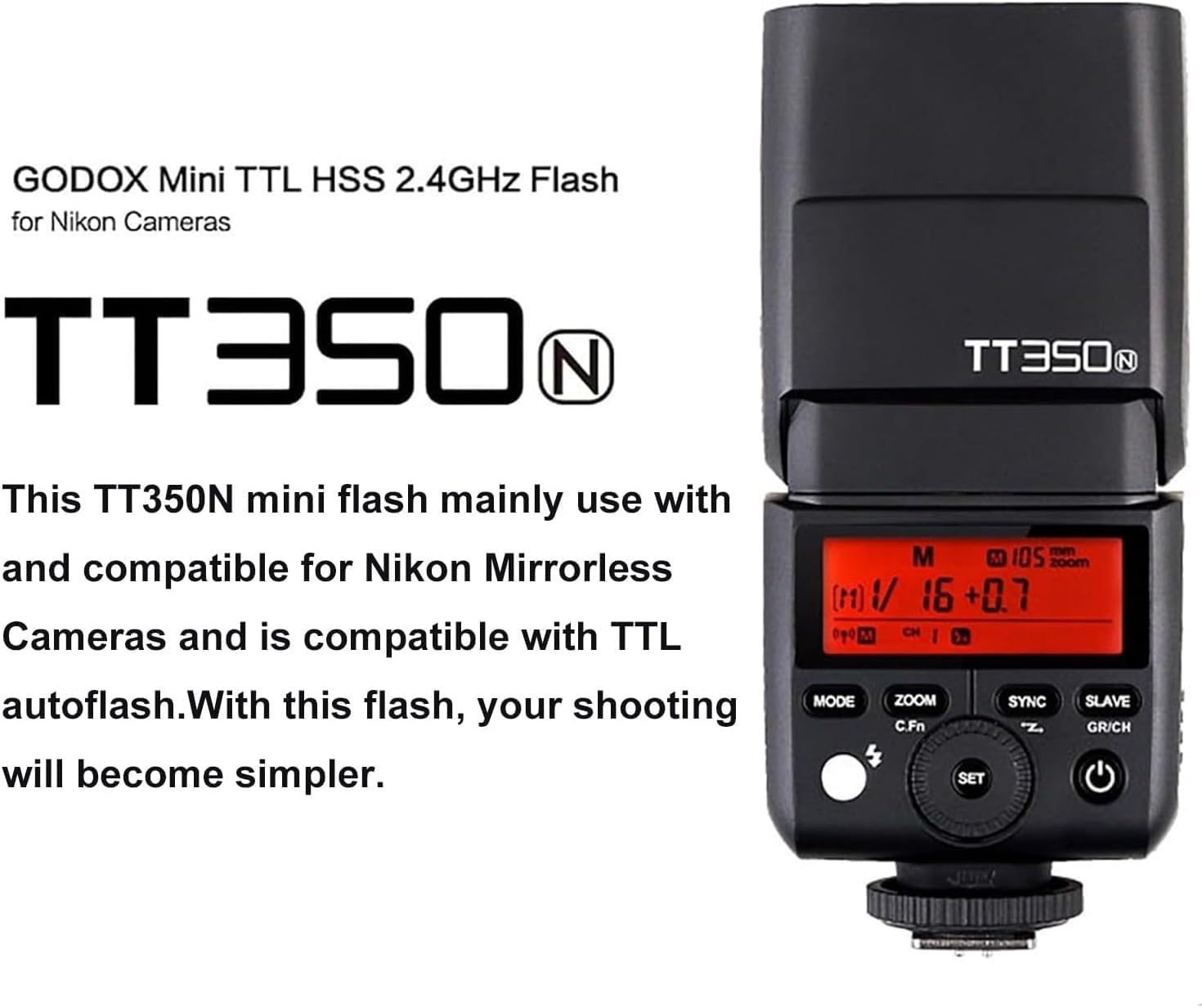Detalle de Godox TT350N per Nikon: flash TTL con HSS 1/8000s e controllo radio 2,4 GHz