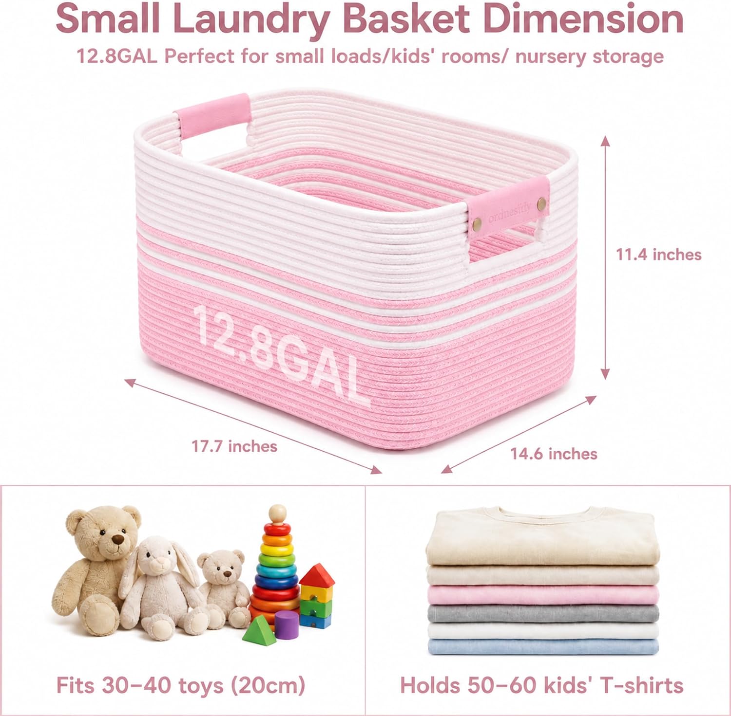 Detalle 2 de ordnestidy 12.8GAL Cotton Rope Storage Basket, White Pink