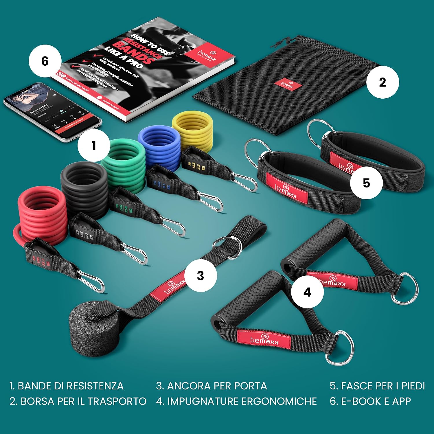 Detalle de Set di fasce di resistenza + piano allenamenti – Kit elastici con 5 bande in lattice, maniglie, cinghie per caviglie, ancoraggio e borsa