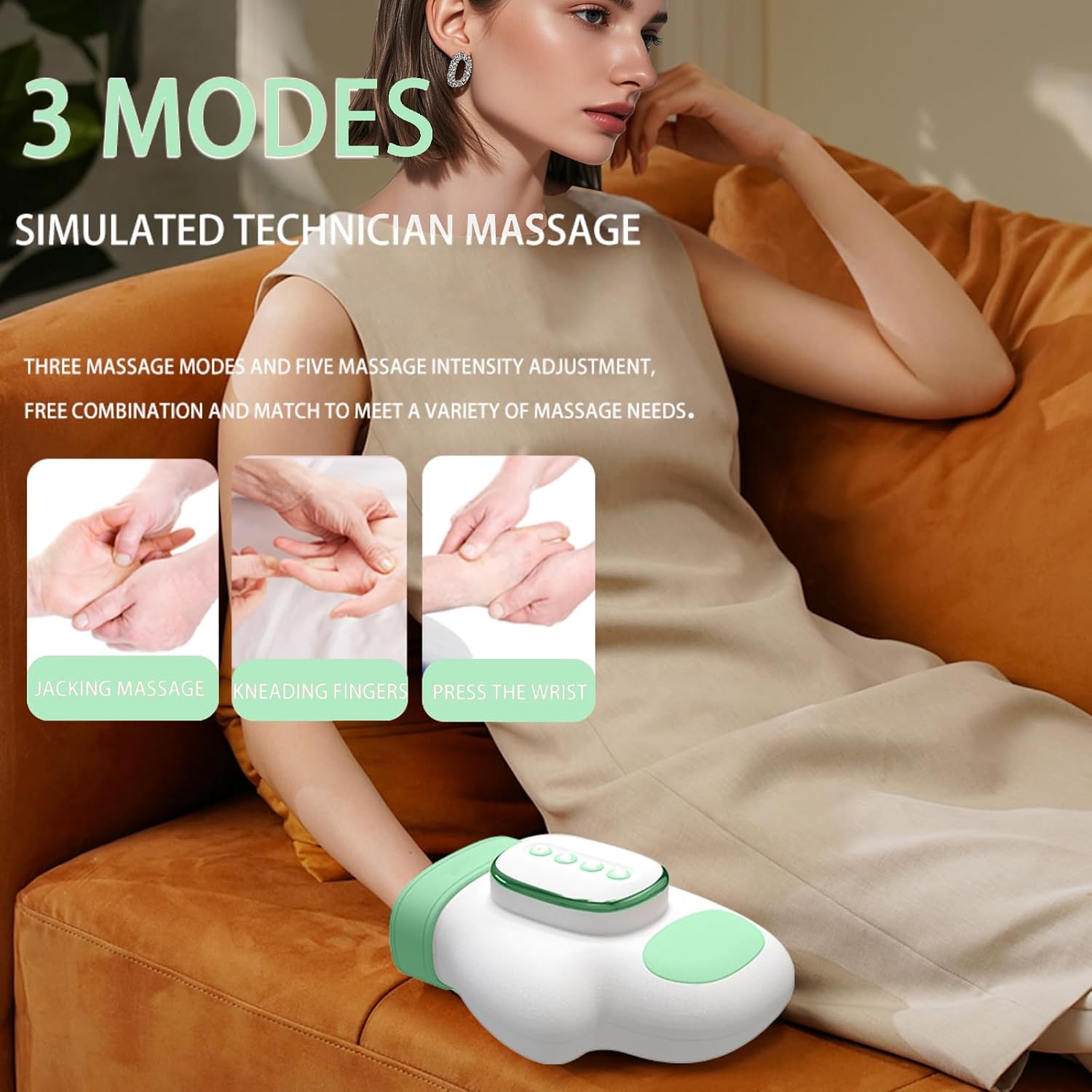 Detalle de ideallife handmassageapparaat met warmte, 14 luchtkussens en 3 massagemodi
