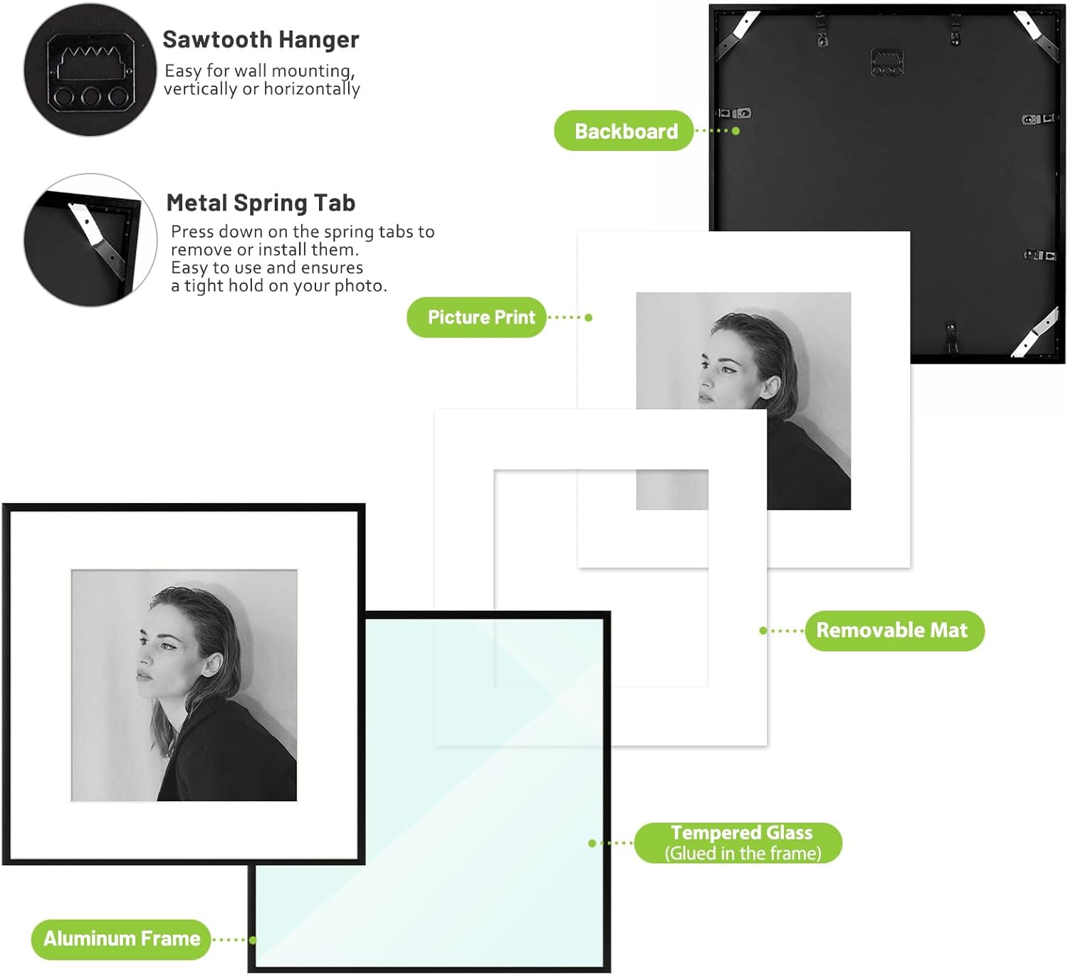 Thumbnail 5 de Golden State Art 12x12 Aluminum Picture Frame with Real Glass (Black) — for 8x8 or 12x12 Photos