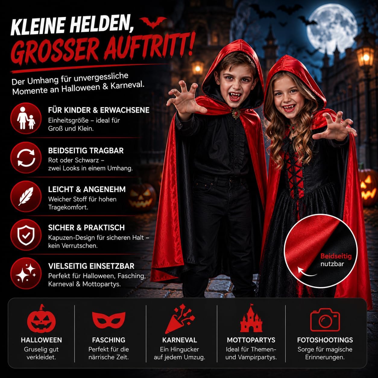 Thumbnail 6 de Vampyrdräkt med huva – lång mantel med knytband för Halloween och maskerad