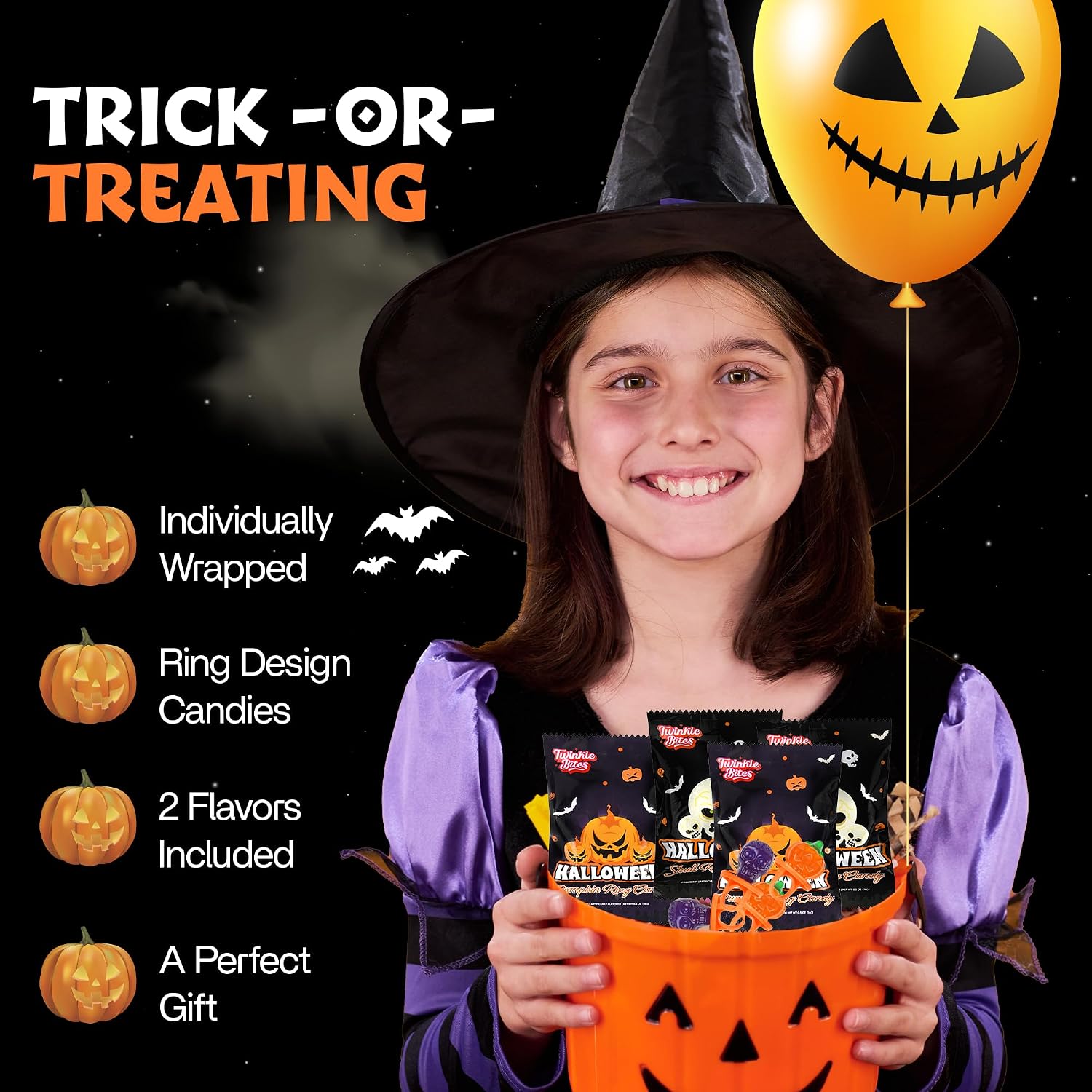 Detalle de Twinkle Bites Halloween Ring Lollipops, 60-Pack with Pumpkin & Skull Designs