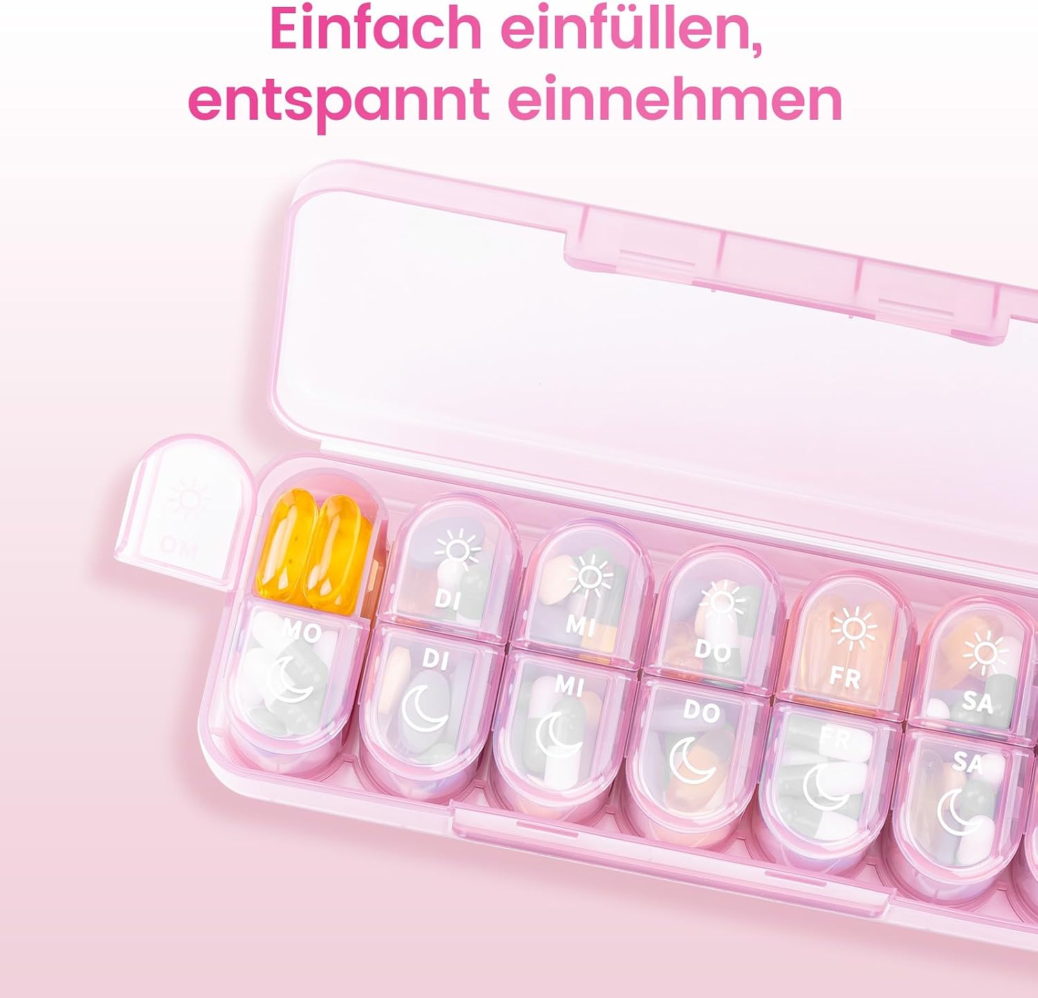 Detalle de Daviky Pillendose 7 Tage – kompakte Wochenbox für Morgens & Abends, BPA-frei, lichtundurchlässig, 180° Deckel