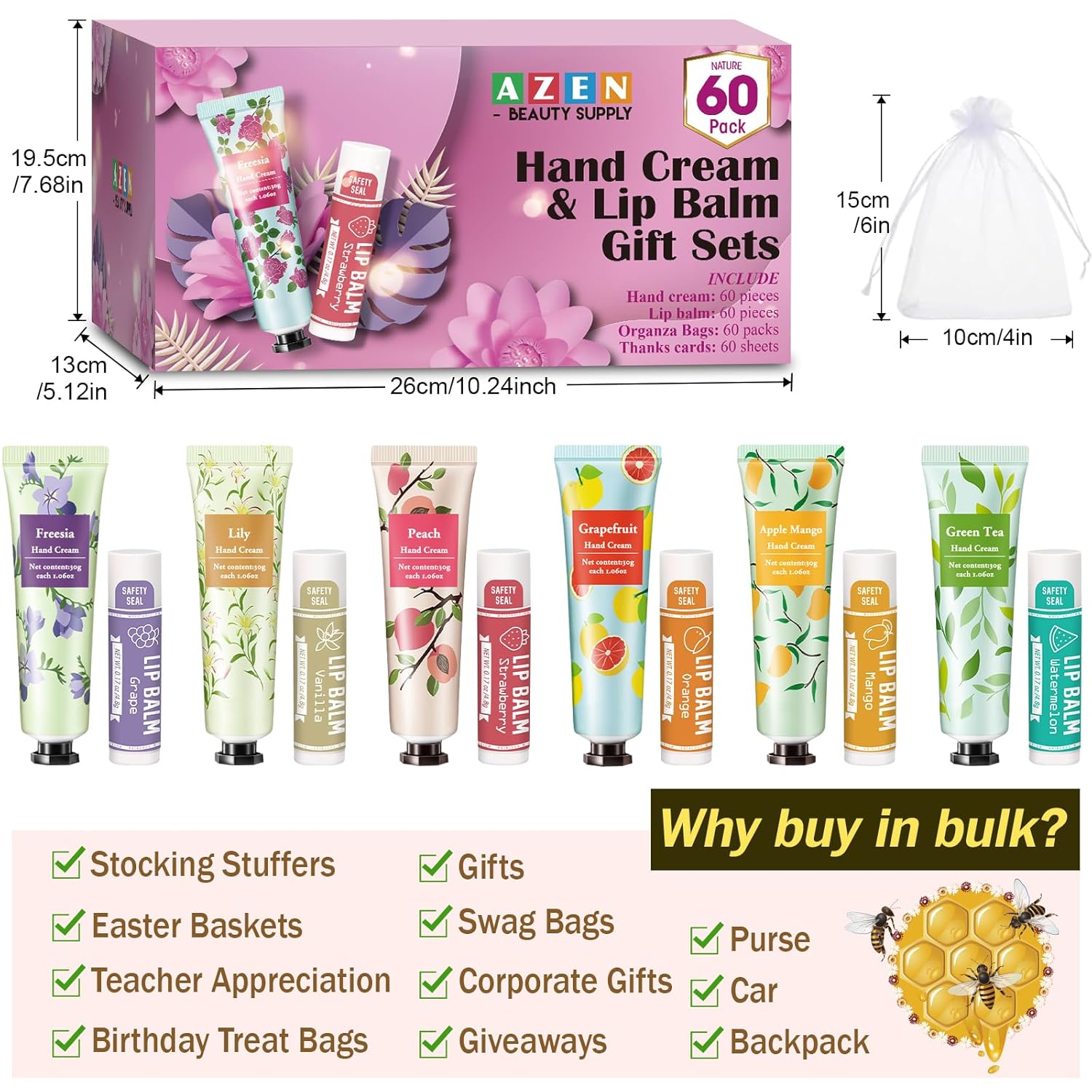 Thumbnail 5 de AZEN 60 Sets Bulk Hand Cream and Lip Balm Gift Set with Organza Bags and Thank-You Labels