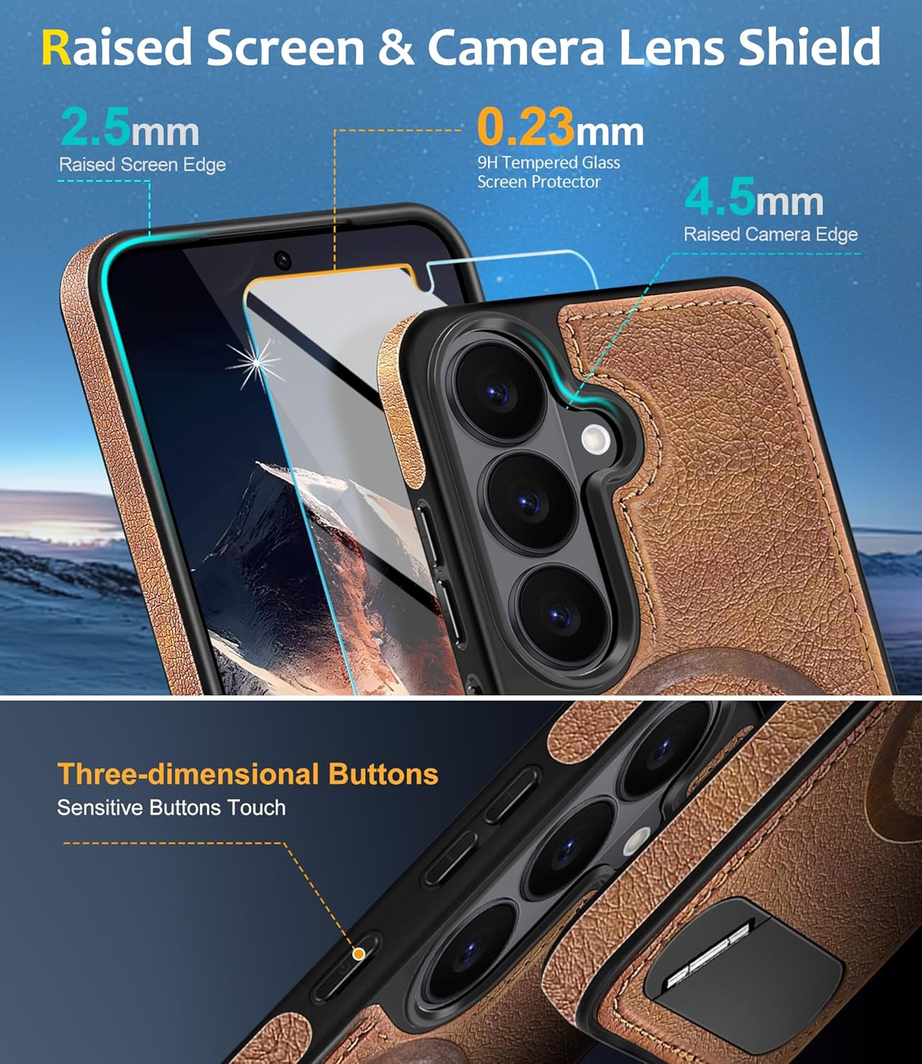 Thumbnail 6 de Fingic Galaxy S26 Case with Magnetic Compatibility, Leather Kickstand & Screen Protector (Brown, 6.3 inch)