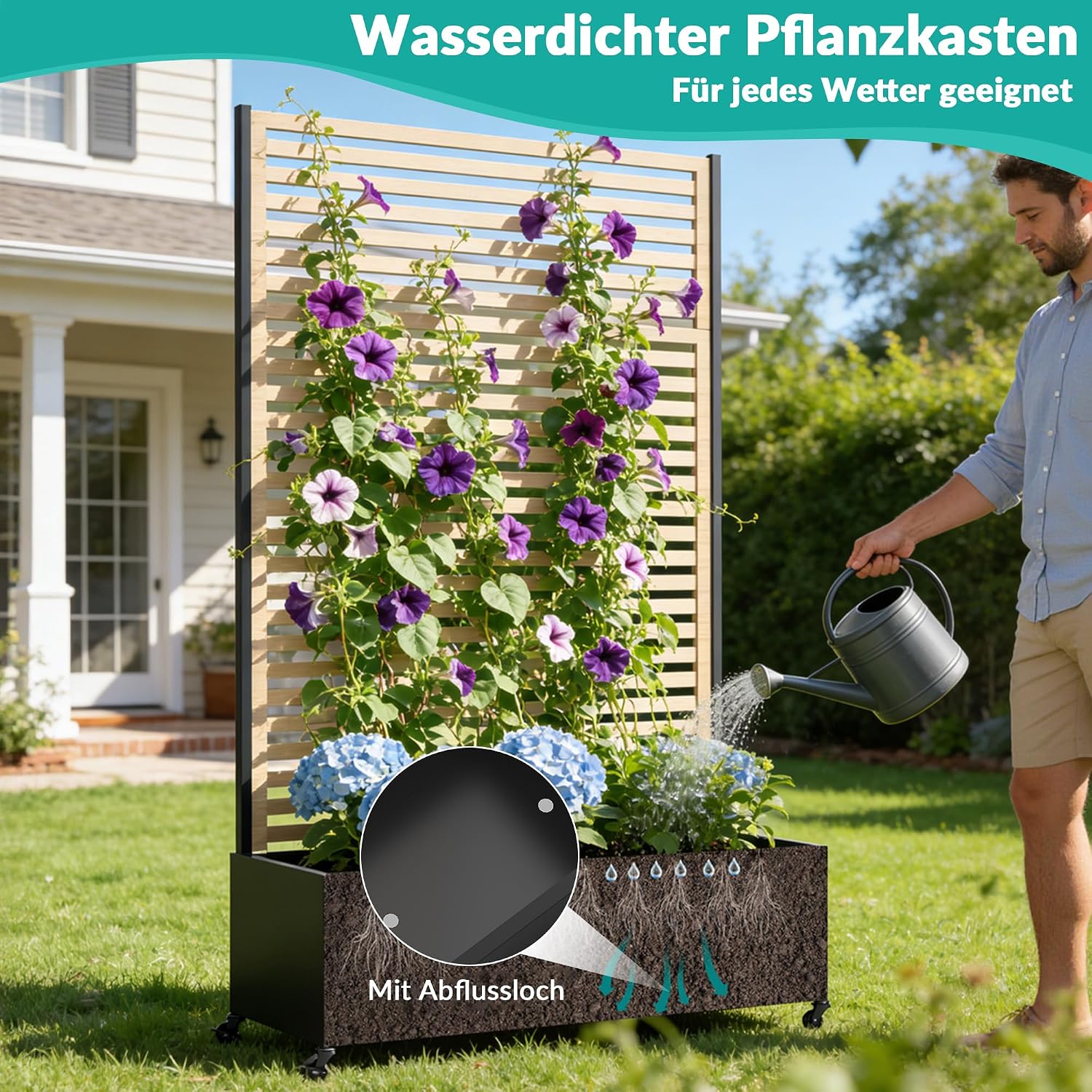 Detalle de Pflanzkasten aus Metall mit Spalier – Hochbeet mit Rädern, wetterfest, freistehender Sichtschutz für Balkon, Terrasse oder Garten