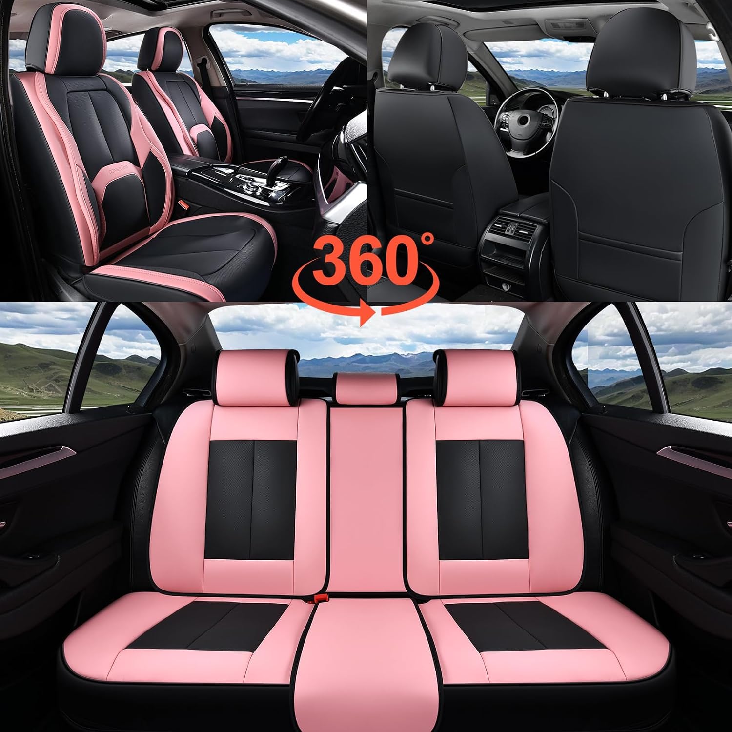 Detalle de Coverado Car Seat Covers Full Set — Waterproof Nappa Leather with Lumbar Support (Black & Pink)