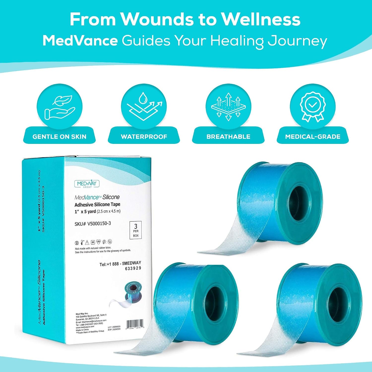 Detalle de MedVance V5000150 Silicone Medical Tape, 1" x 5', 3-Pack