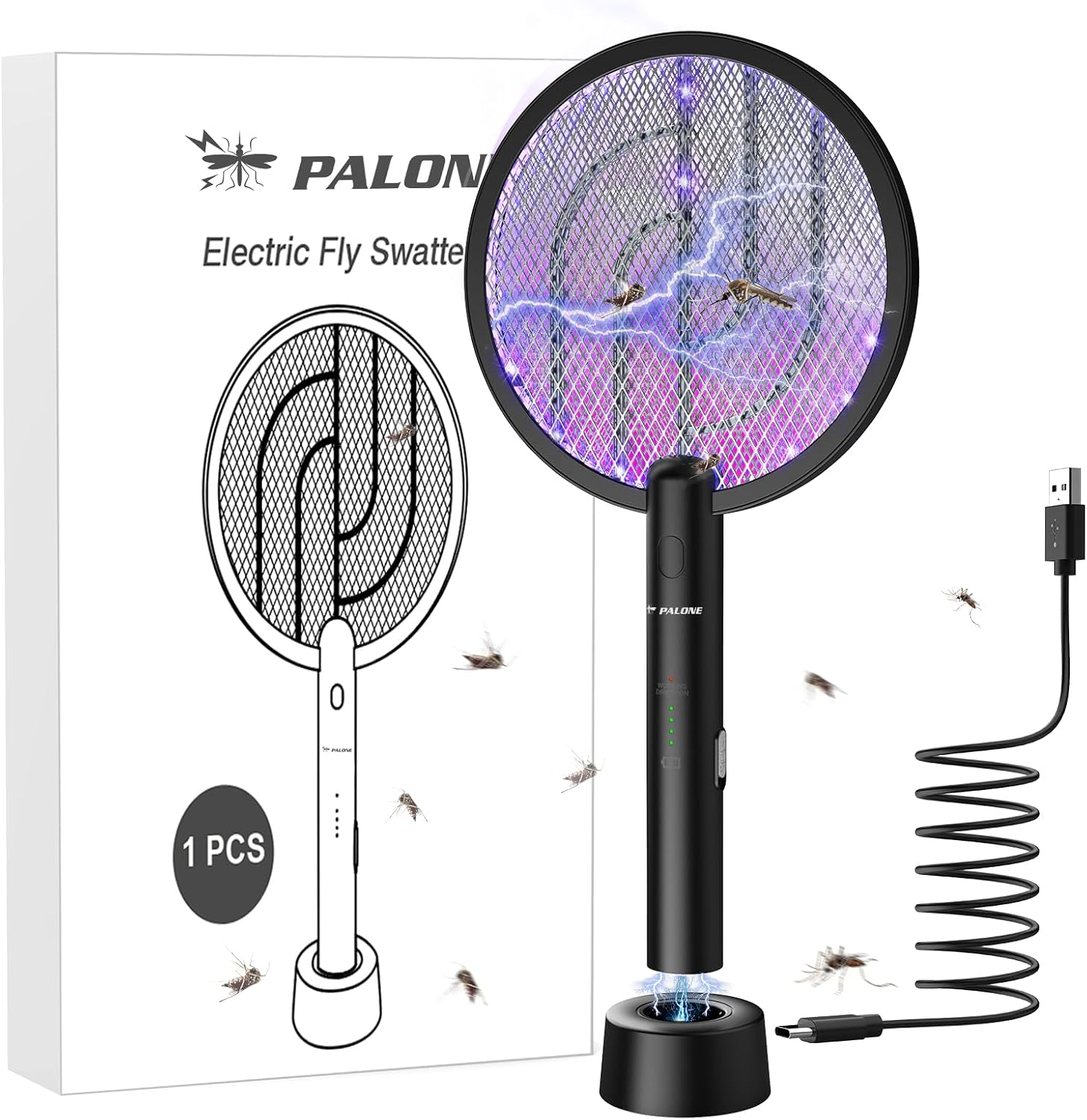 Detalle de PALONE 3-942-B Electric Fly Swatter, 4000V Dual Modes, Type-C Dock