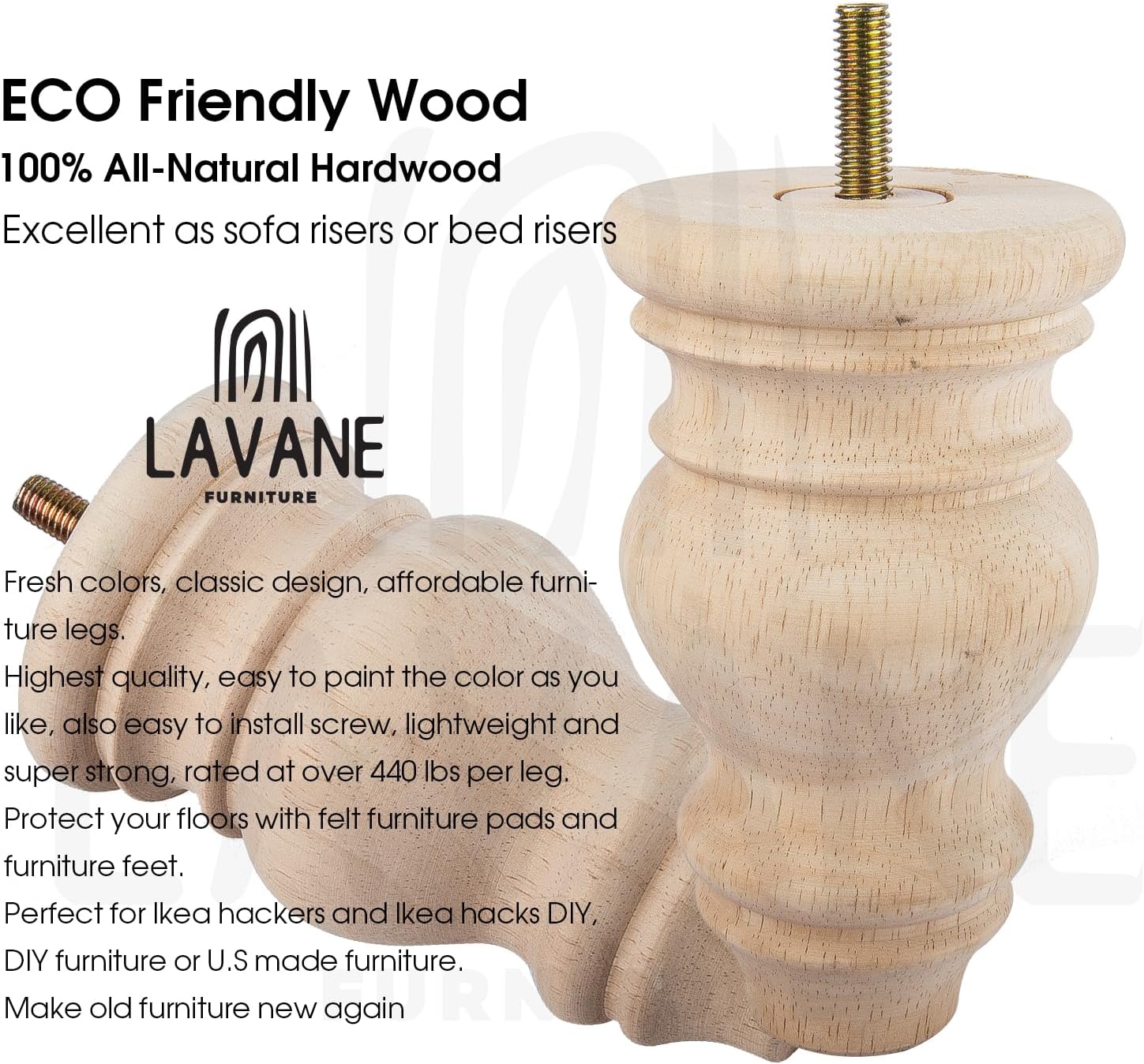 Thumbnail 2 de La Vane 5 Inch Unfinished Solid Wood Furniture Legs (12cm) – 4pcs Spindle Spool Feet with Pre-Drilled M8 Bolt & Mounting Plate