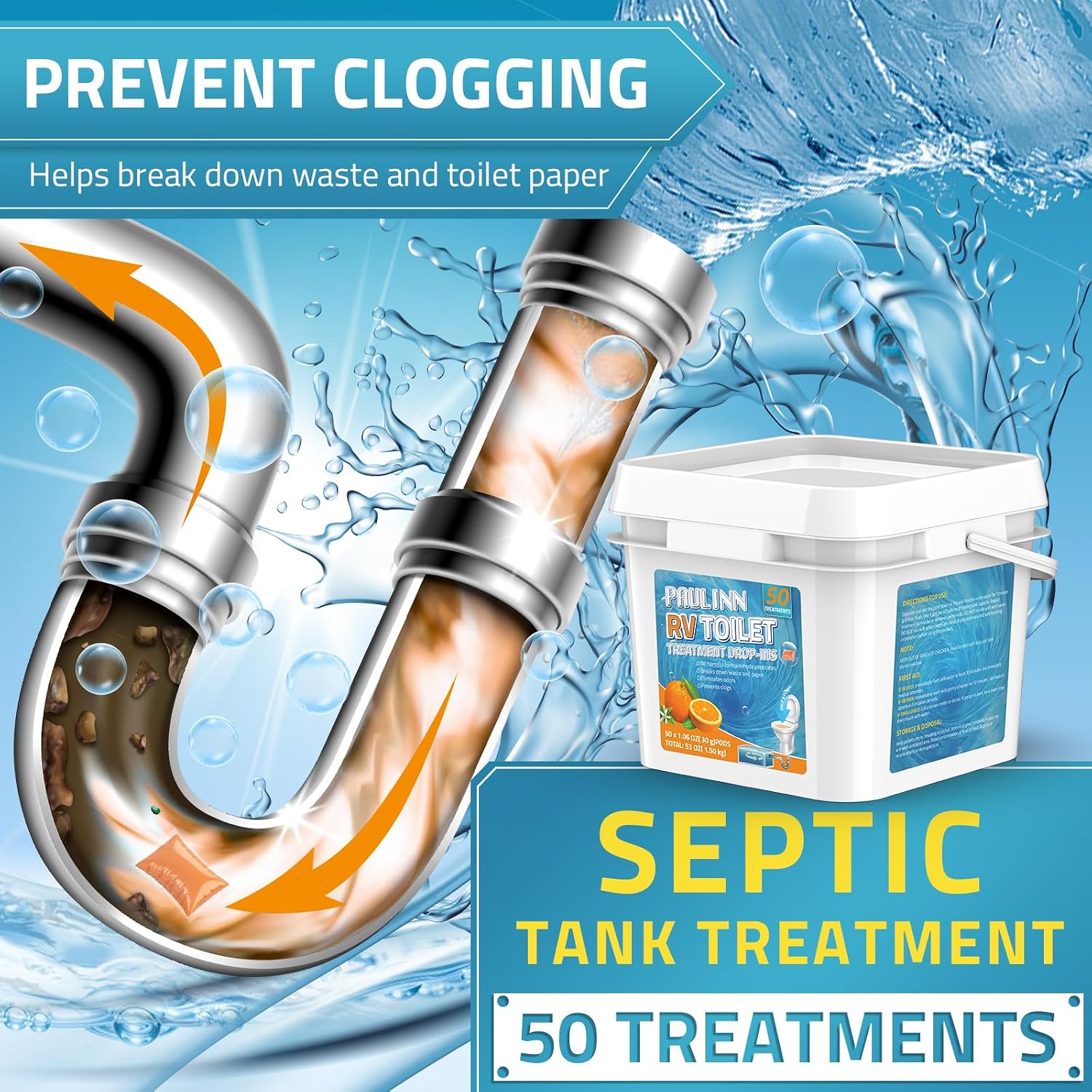 Detalle 2 de PAULINN RV Toilet Treatment, 50-Pack Water-Soluble Pods, Orange