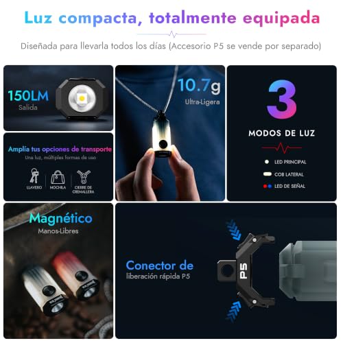 Detalle de WUBEN E2 Mini: linterna LED recargable 3‑en‑1 para llavero y collar
