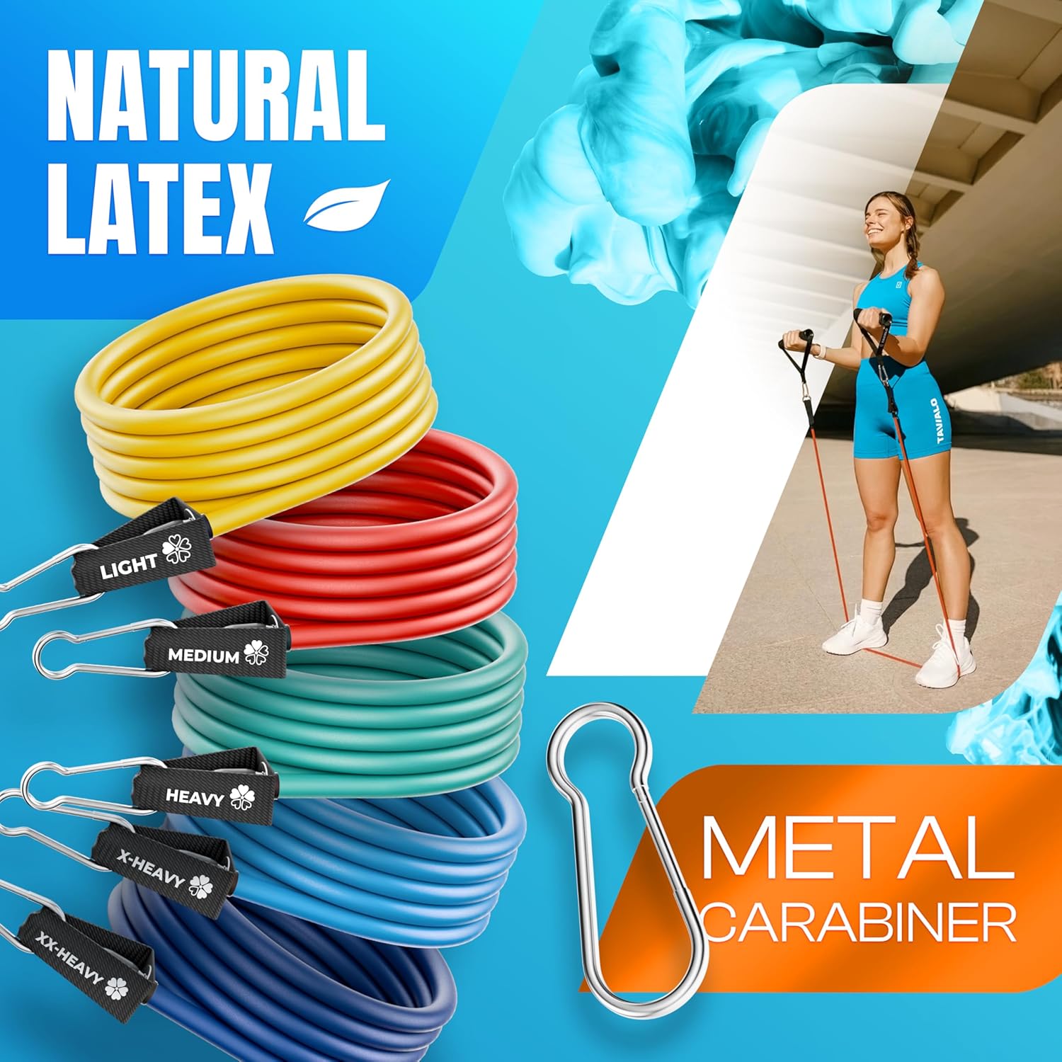 Thumbnail 3 de TAVIALO Élastique de musculation avec poignées (lot de 5 bandes) en latex naturel