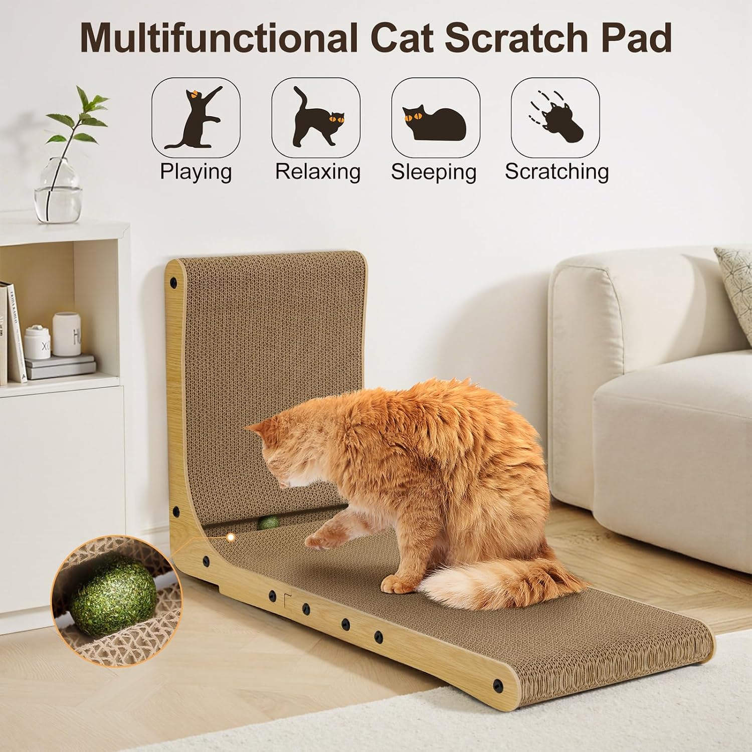 Detalle 2 de Gimars Thickened L Shape 68cm cardboard cat scratcher with mint ball (wall mounted)