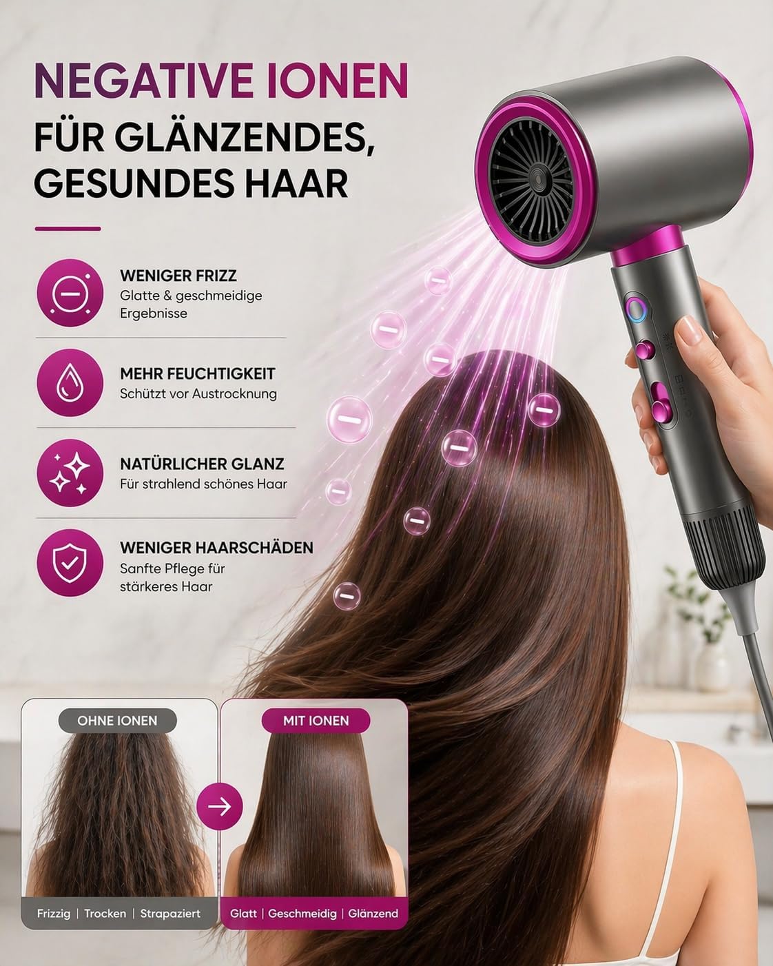 Detalle de DMTIVMG Haartrockner Ionen 2200W: Schnelles Trocknen, Diffusor und Konzentrator – ideal für unterwegs