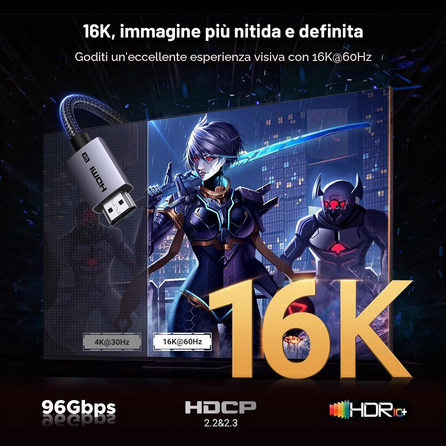 Detalle 2 de UGREEN Cavo HDMI 2.2 16K 60Hz 12K/8K 240Hz 96Gbps – Alluminio e Nylon, compatibile PS5/PS4/Xbox/PC