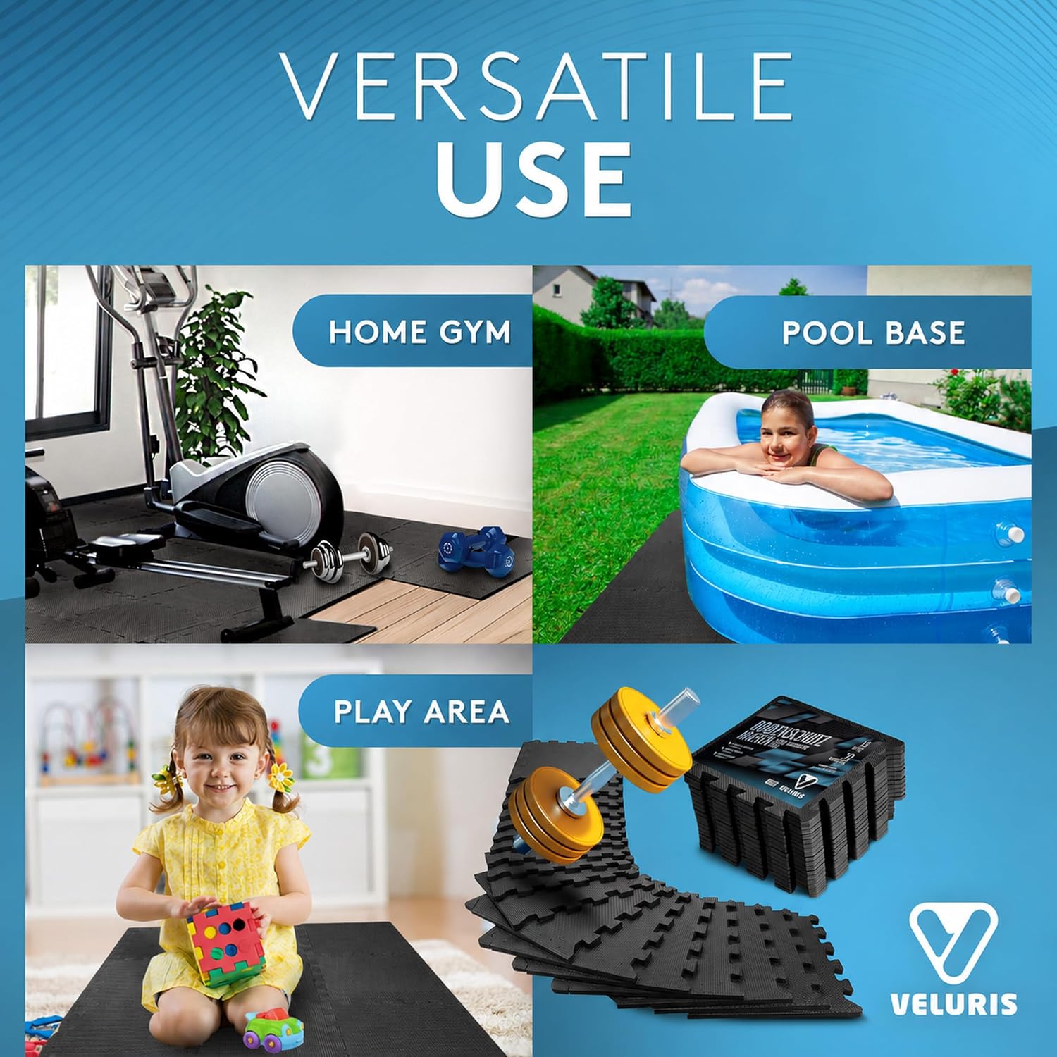 Detalle 2 de Veluris Floor Protection Mat, 18 Black Rubber Tiles, 31 x 31 cm