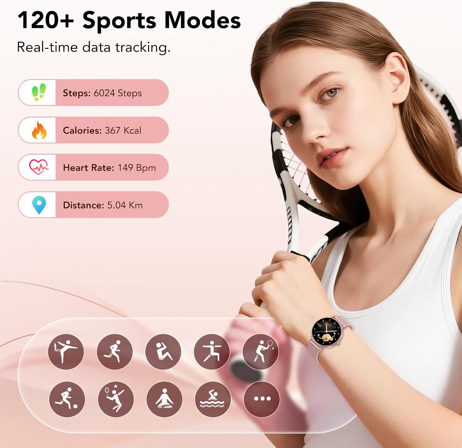 Detalle de Taopodo Smart Watch for Women — 1.27'' AMOLED Round Screen, Bluetooth Calling, 120+ Sports Modes, IP68 Rose Pink