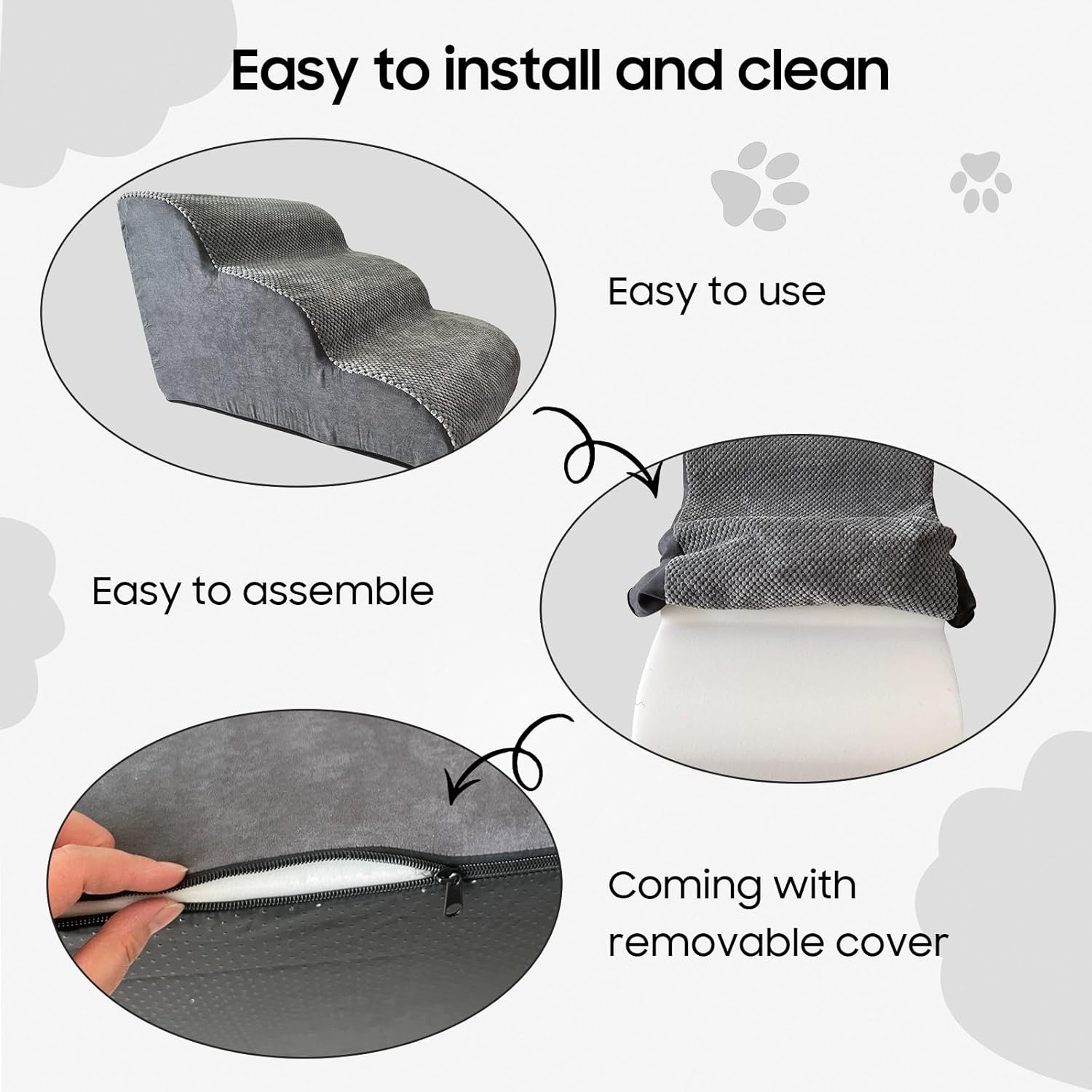 Thumbnail 4 de Pet Stairs for Small Dogs & Cats – Comfortable Curved Design, 3-Layer Foam with Waterproof Cover (Grey)