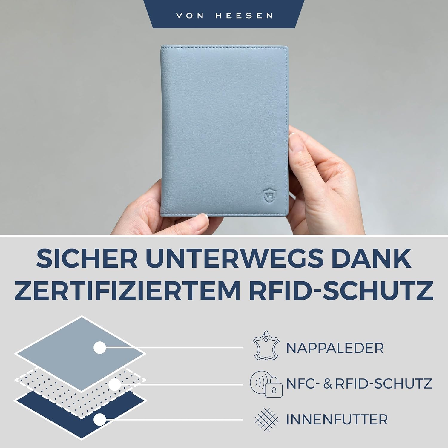 Detalle de VON HEESEN Reisepasshülle Leder Etui mit RFID-Schutz – Passhülle und Organizer aus Nappaleder (Hellblau)