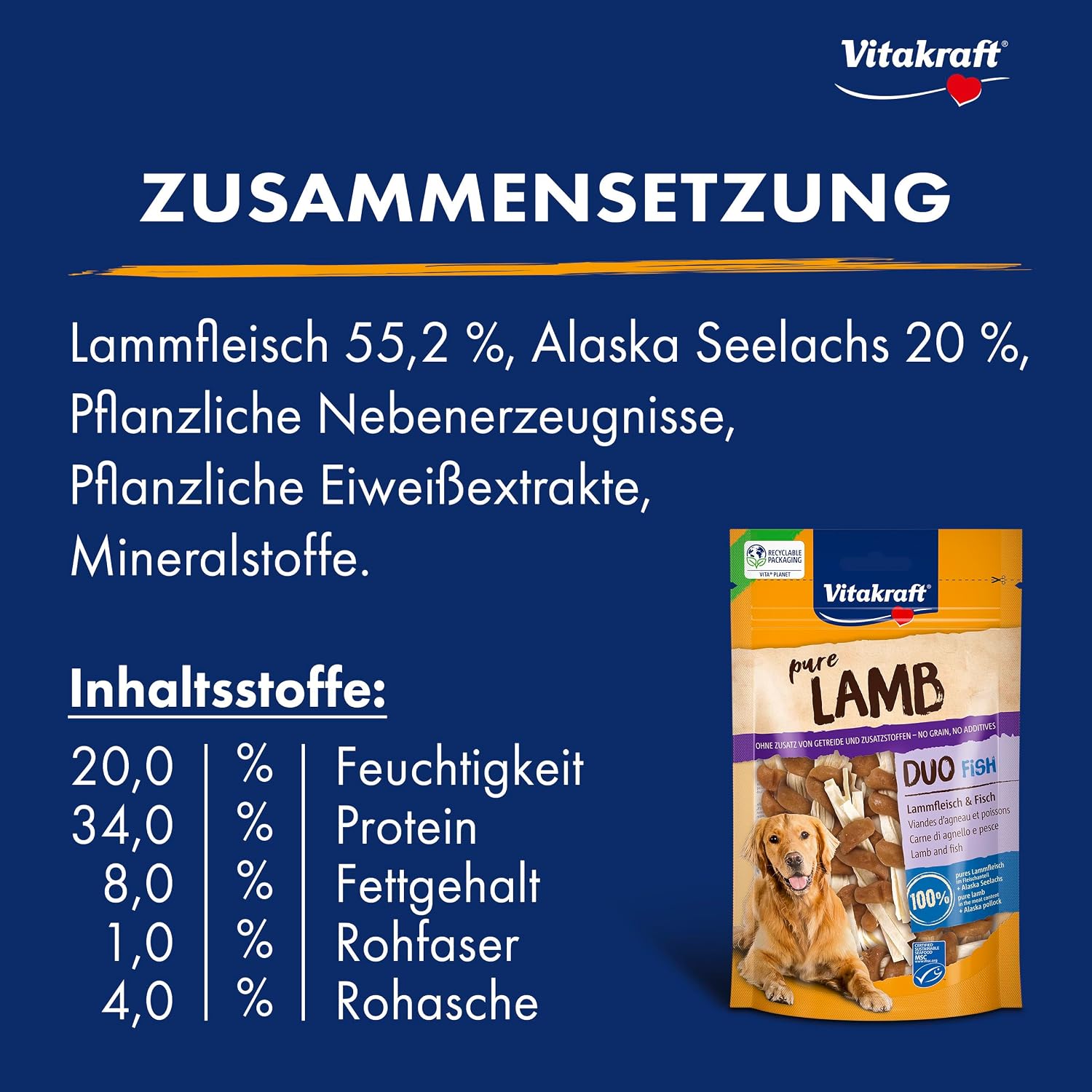 Detalle de Vitakraft Pure Lamb Duo Fish – Hundeleckerli mit Lammfleisch und Alaska-Seelachs (8x80g)