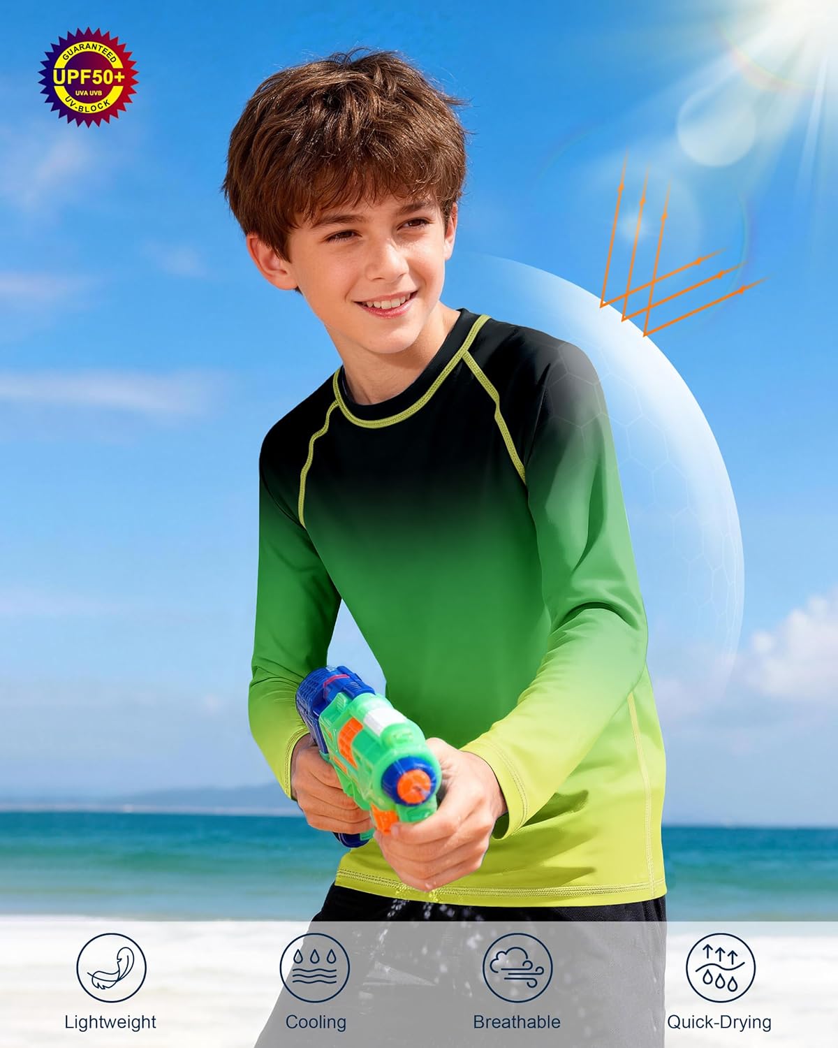 Thumbnail 3 de Boys UPF 50+ Long Sleeve Swim Shirt (1 or 2 Pack) – UV Sun Protection Rash Guard for Youth