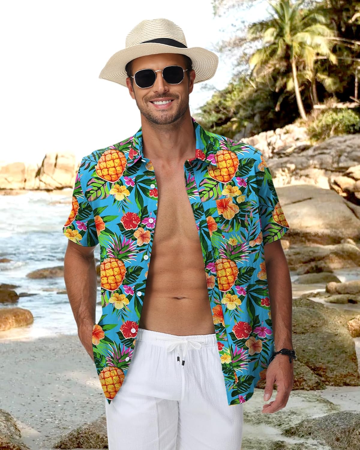 Detalle 2 de HMIYA Hawaii Hemd für Herren – 100% Baumwolle, Kurzarm, Button-Down, Vordertasche
