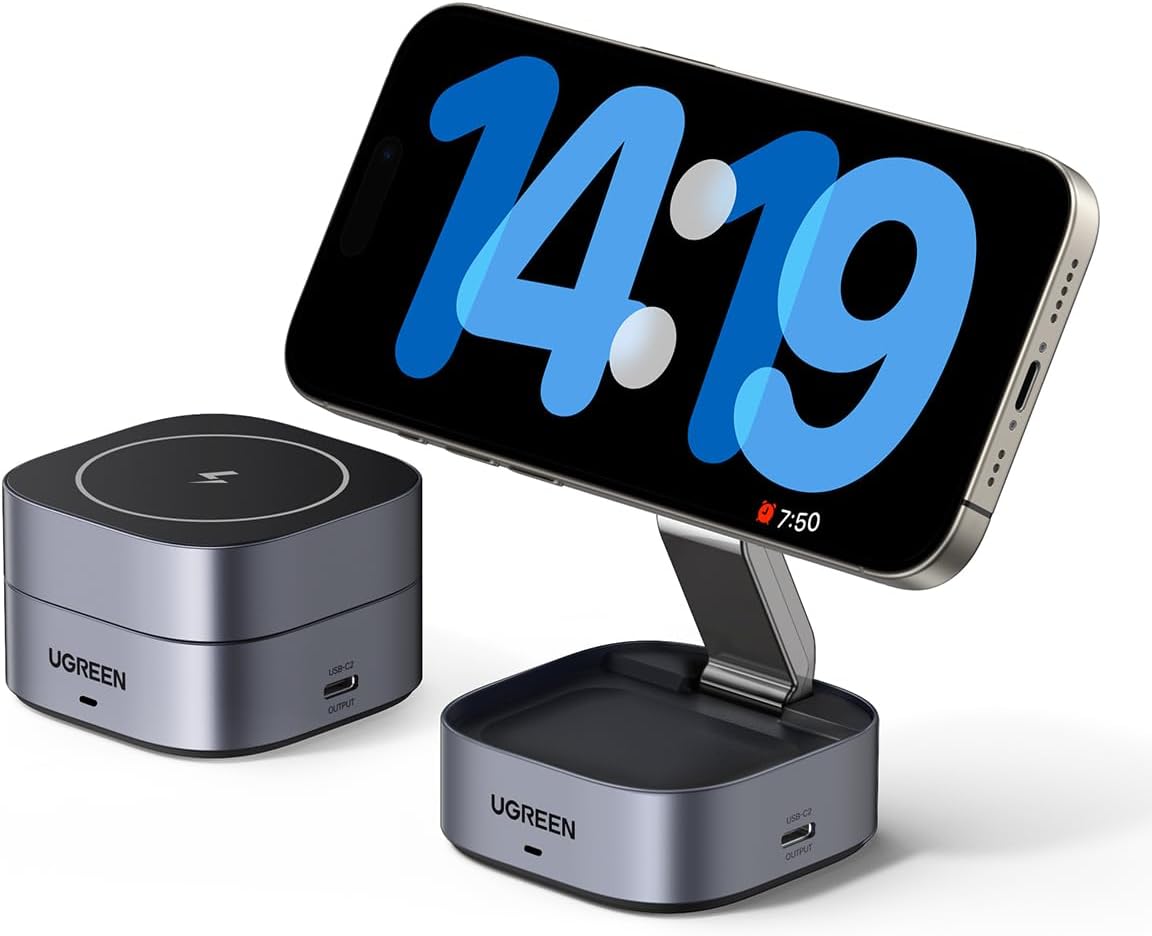 Detalle de UGREEN MagFlow Caricatore Wireless 2 in 1: Stazione di Ricarica Magnetica per iPhone e AirPods