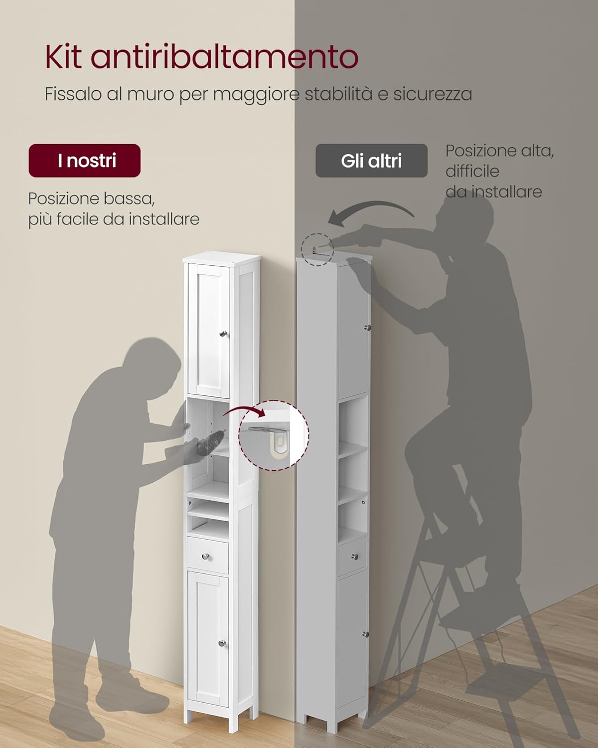 Thumbnail 6 de VASAGLE Armadio da Bagno Alto BBC765W01, Bianco Nuvola – Compatto, con Ripiani Regolabili e Antiribaltamento