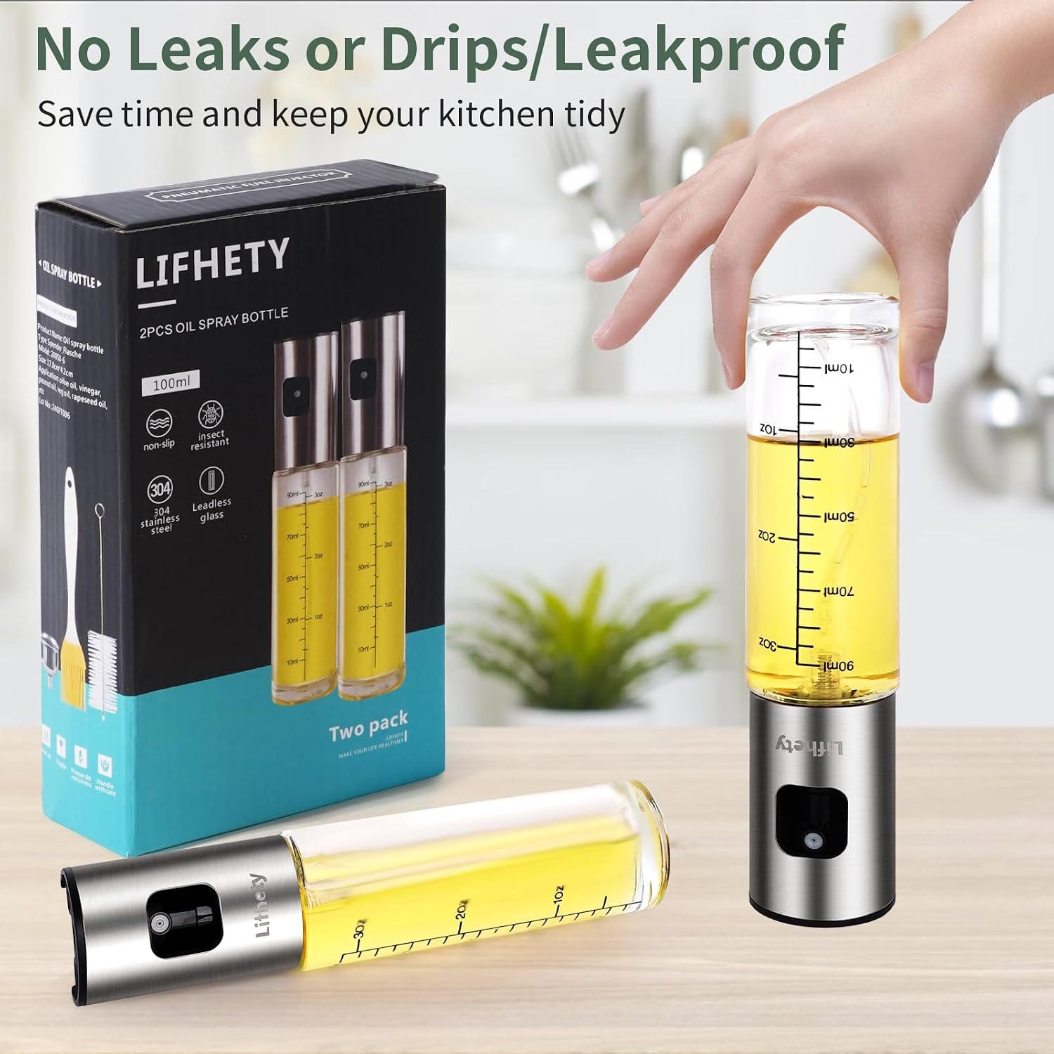 Detalle 2 de Lifhety OSB24-5 Oil Spray Bottles, 2-Pack, 100ml Glass with Funnel